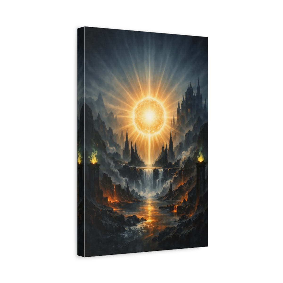 Side Mockup 4. Science Fiction Celestial Orb Orange And Blue shown as stretched canvas wall art