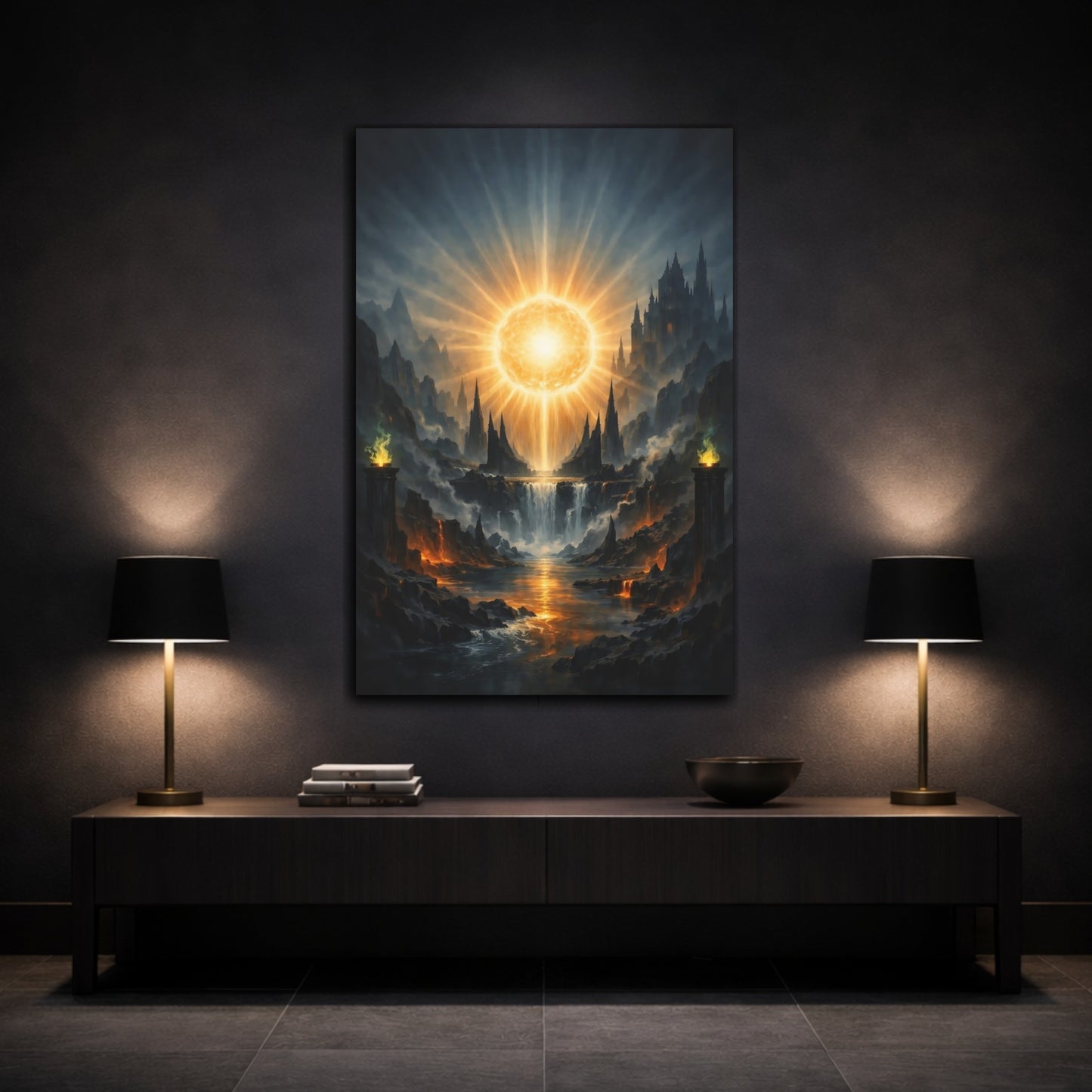 Mockup 2. Science Fiction Celestial Orb Orange And Blue shown as stretched canvas wall art