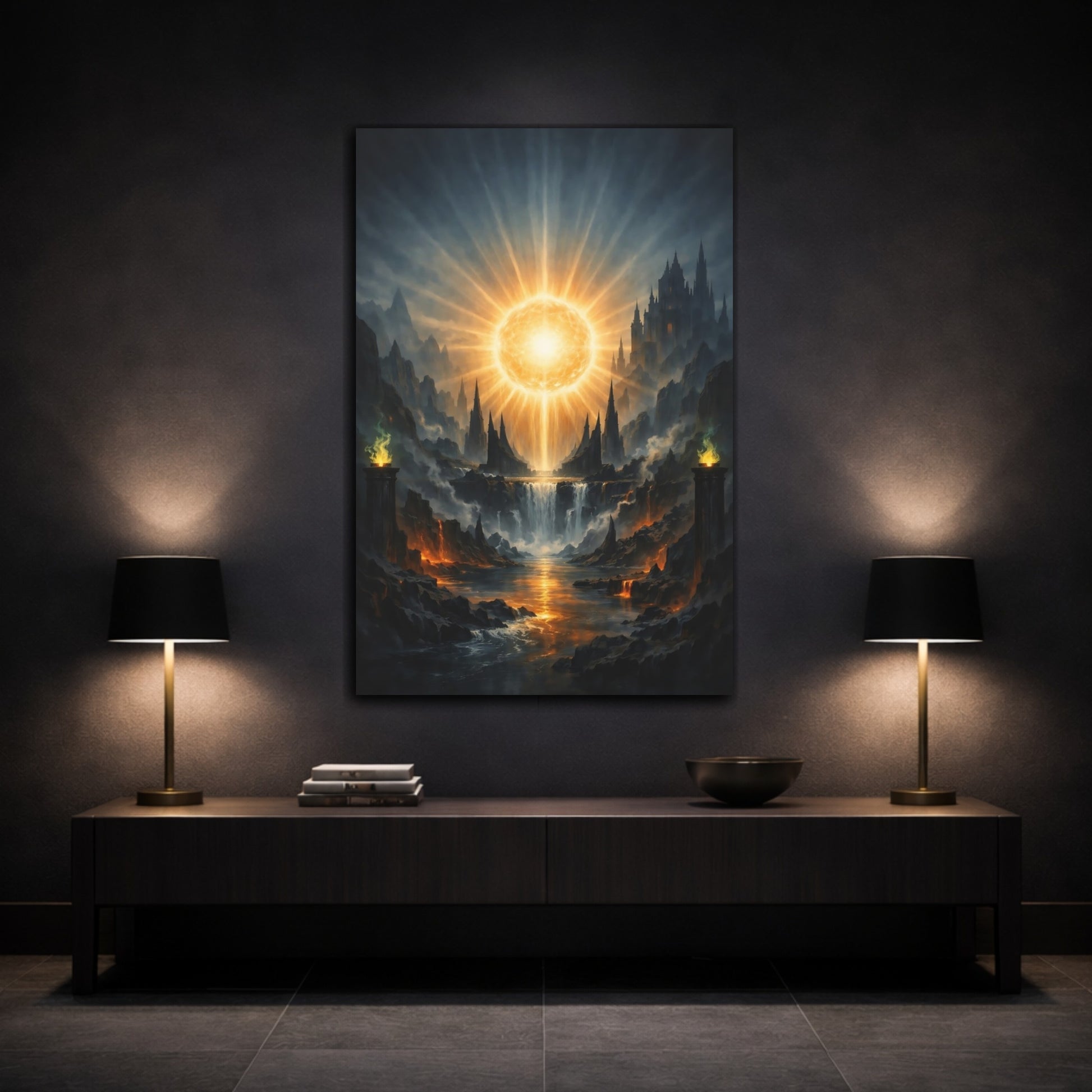 Mockup 2. Science Fiction Celestial Orb Orange And Blue shown as stretched canvas wall art