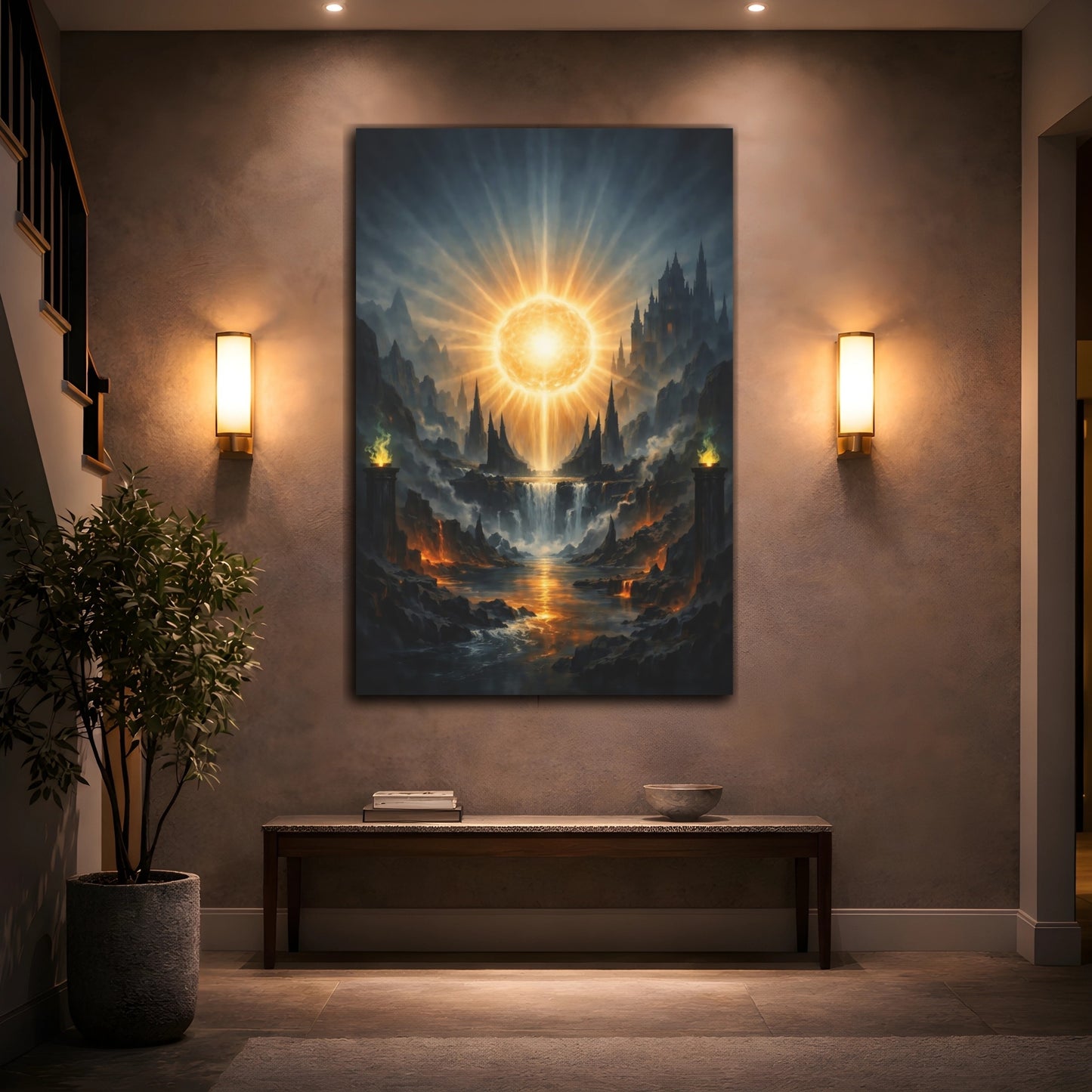 Mockup 3. Science Fiction Celestial Orb Orange And Blue shown as stretched canvas wall art