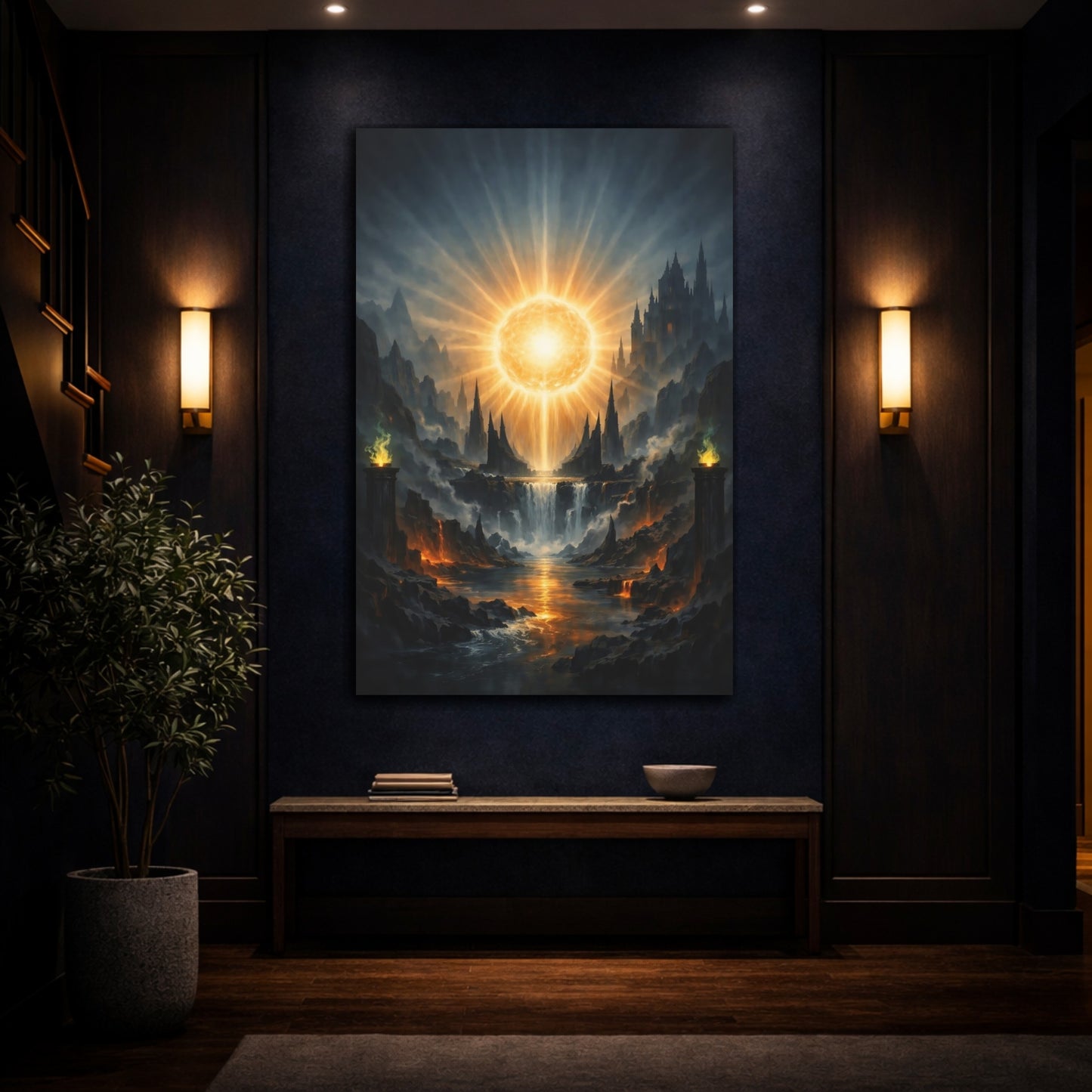 Mockup 4. Science Fiction Celestial Orb Orange And Blue shown as stretched canvas wall art