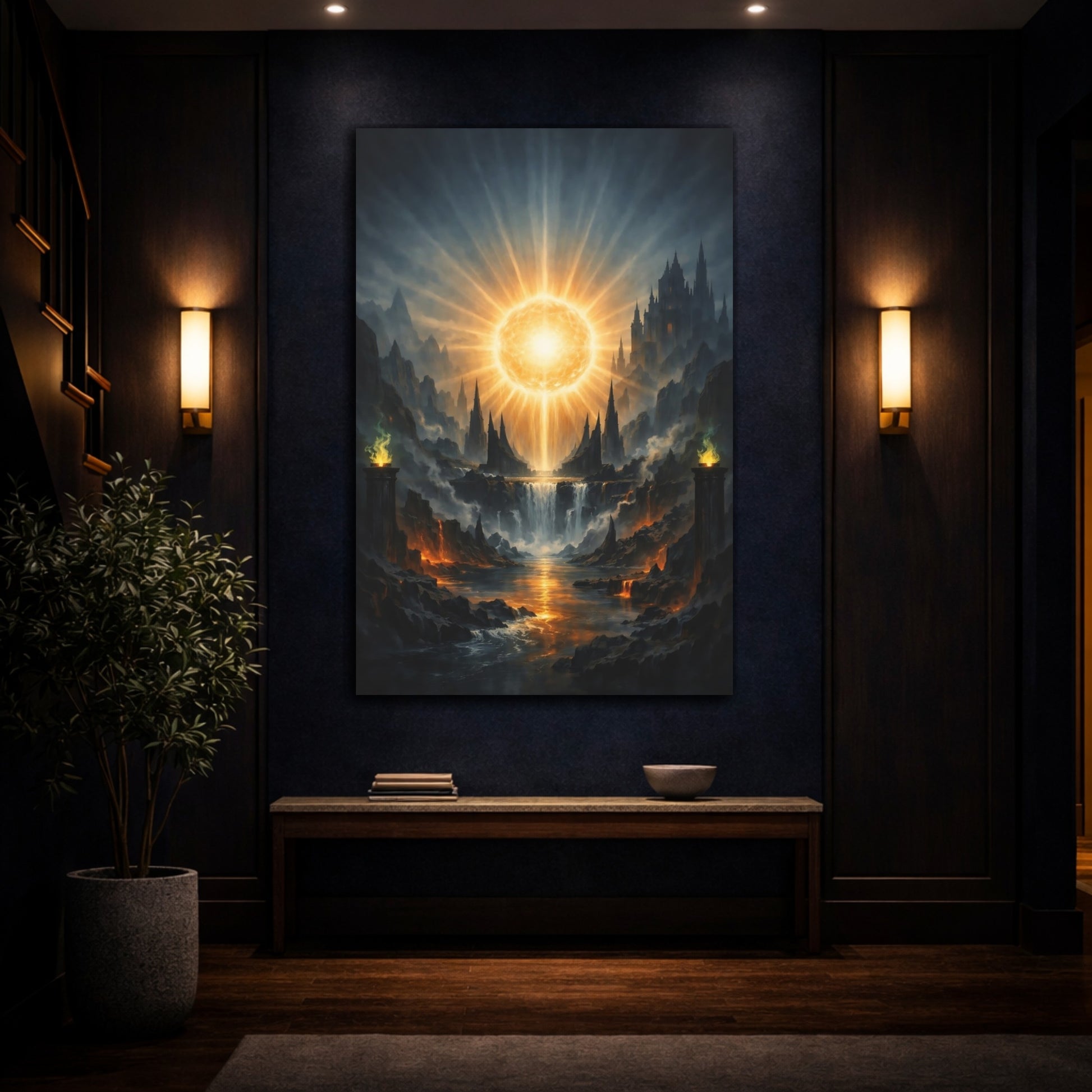 Mockup 4. Science Fiction Celestial Orb Orange And Blue shown as stretched canvas wall art