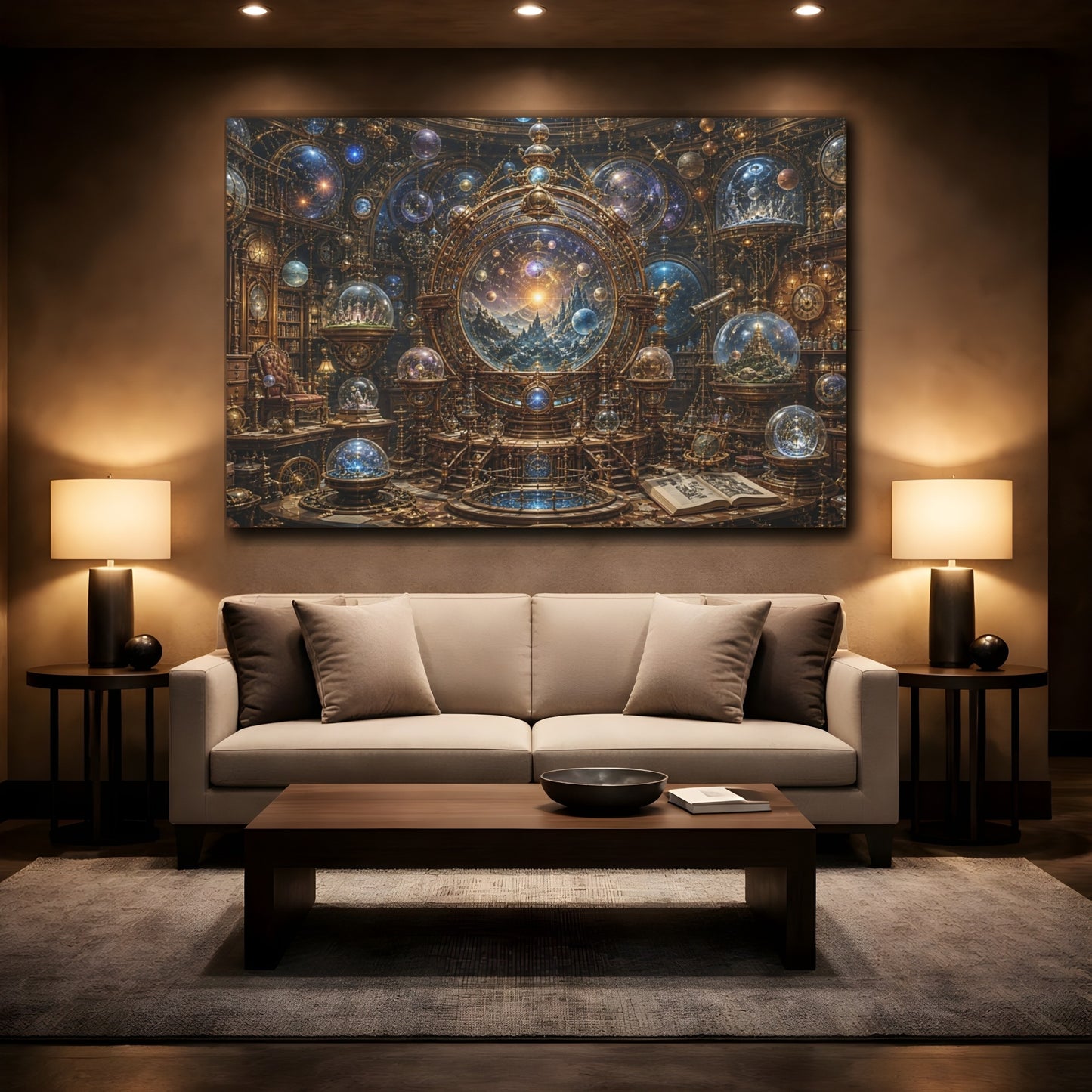Mockup 2. Science Fiction Celestial Orrery Gold And Blue Orrery shown as stretched canvas wall art
