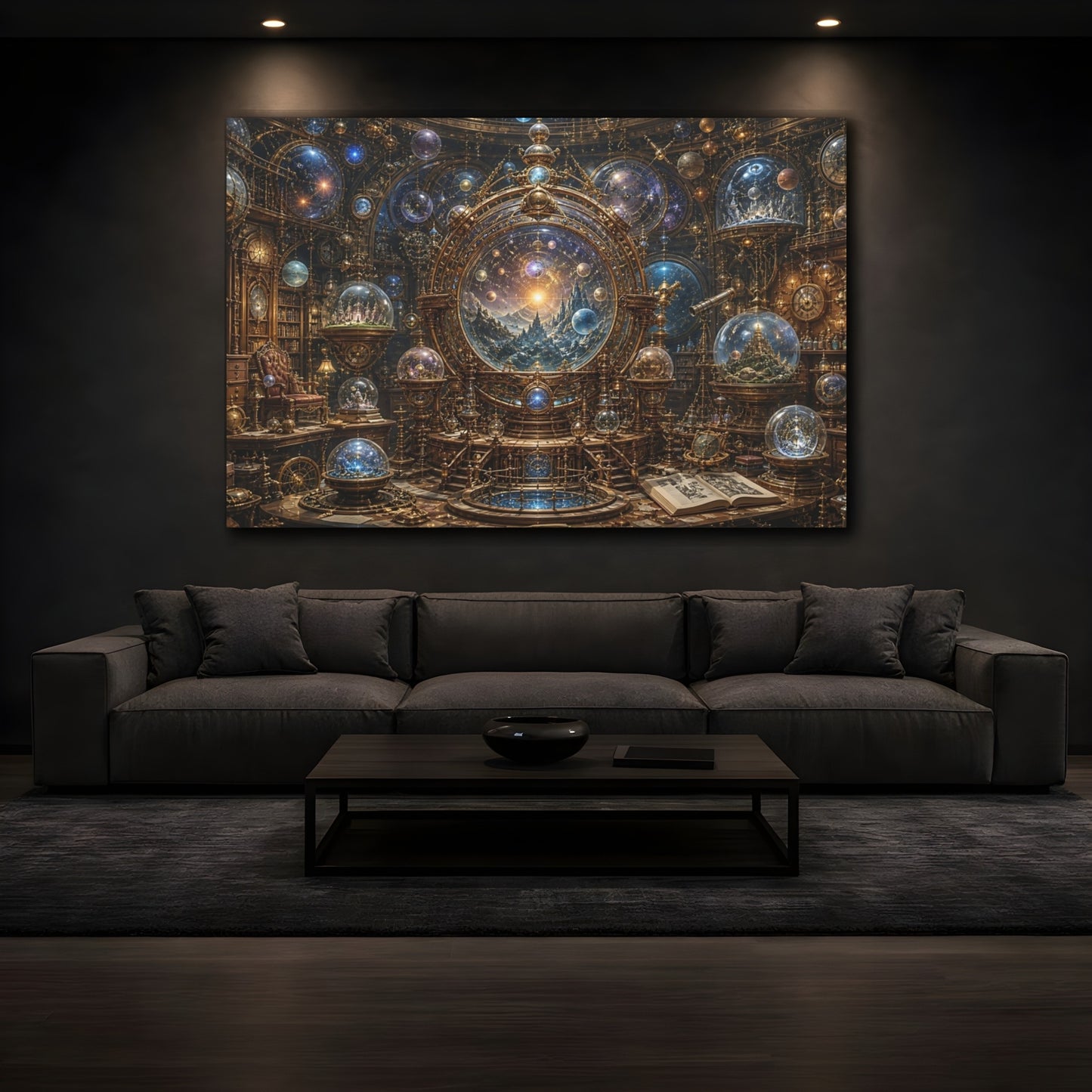 Mockup 3. Science Fiction Celestial Orrery Gold And Blue Orrery shown as stretched canvas wall art