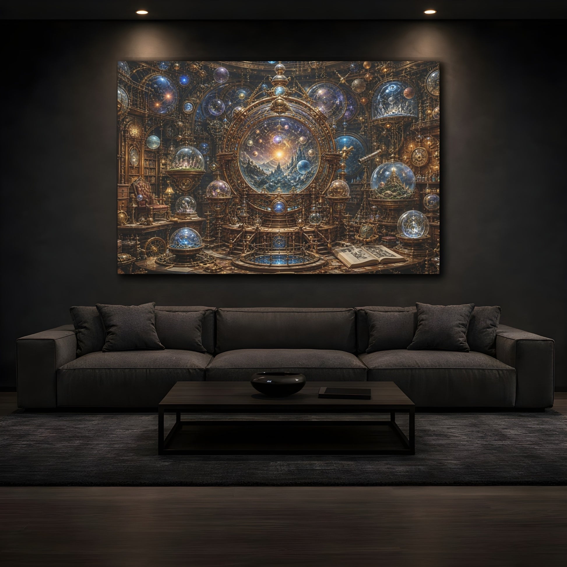 Mockup 3. Science Fiction Celestial Orrery Gold And Blue Orrery shown as stretched canvas wall art