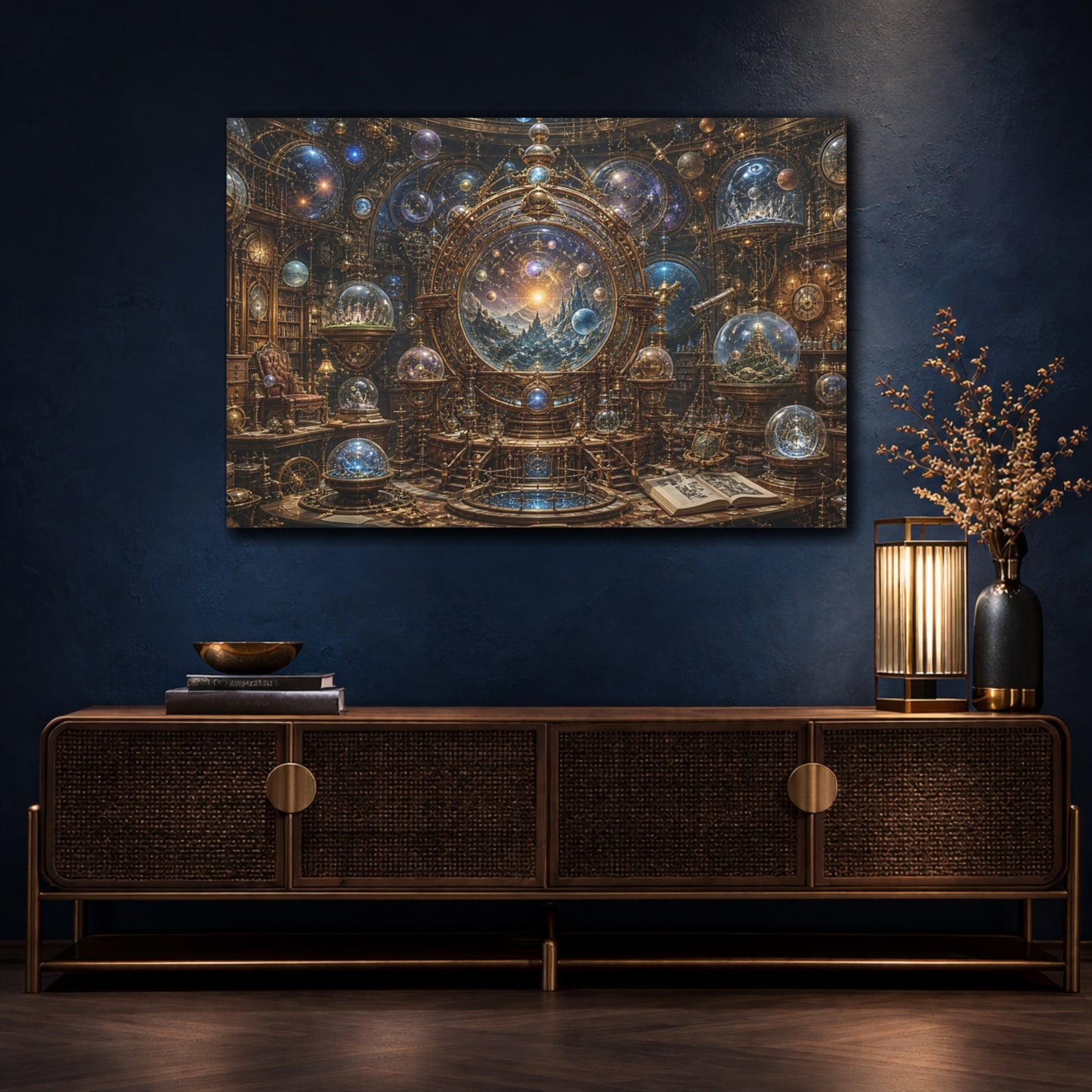 Mockup 4. Science Fiction Celestial Orrery Gold And Blue Orrery shown as stretched canvas wall art