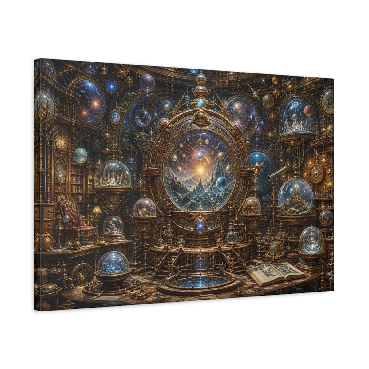 Side Mockup 2. Science Fiction Celestial Orrery Gold And Blue Orrery shown as stretched canvas wall art
