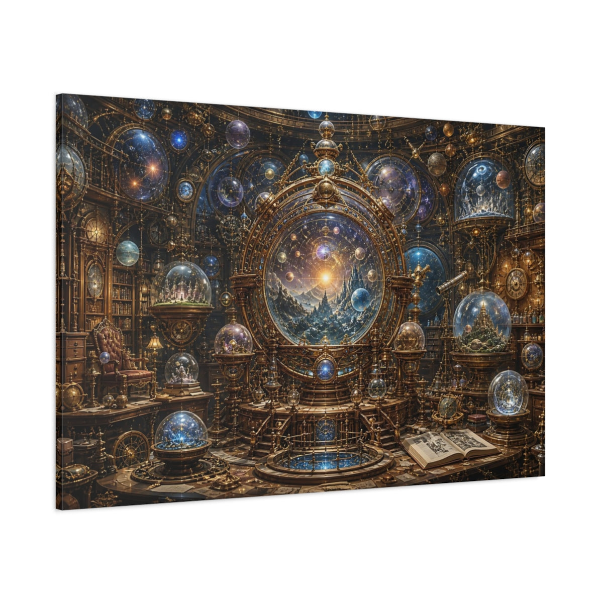 Side Mockup 1. Science Fiction Celestial Orrery Gold And Blue Orrery shown as stretched canvas wall art