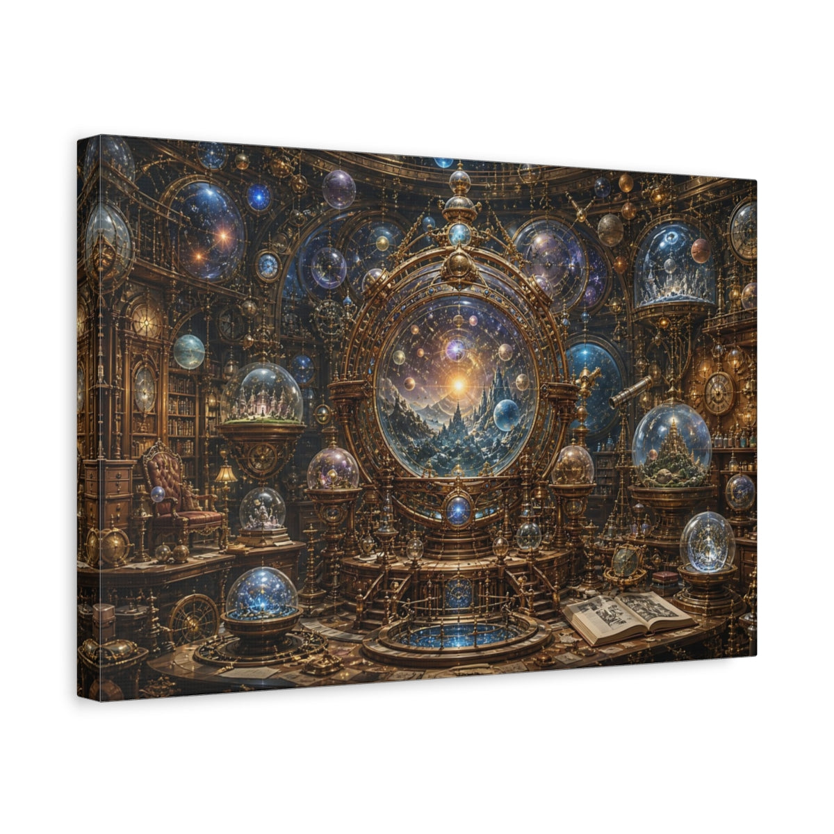 Side Mockup 4. Science Fiction Celestial Orrery Gold And Blue Orrery shown as stretched canvas wall art