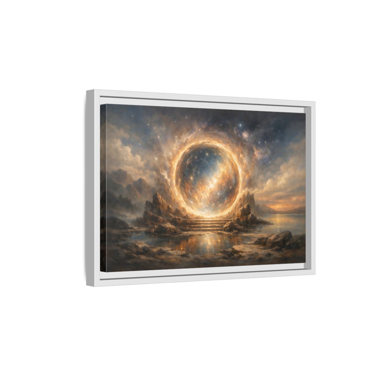 Side Mockup 4. Science Fiction Celestial Portal Orange Blue Portal shown as stretched canvas wall art