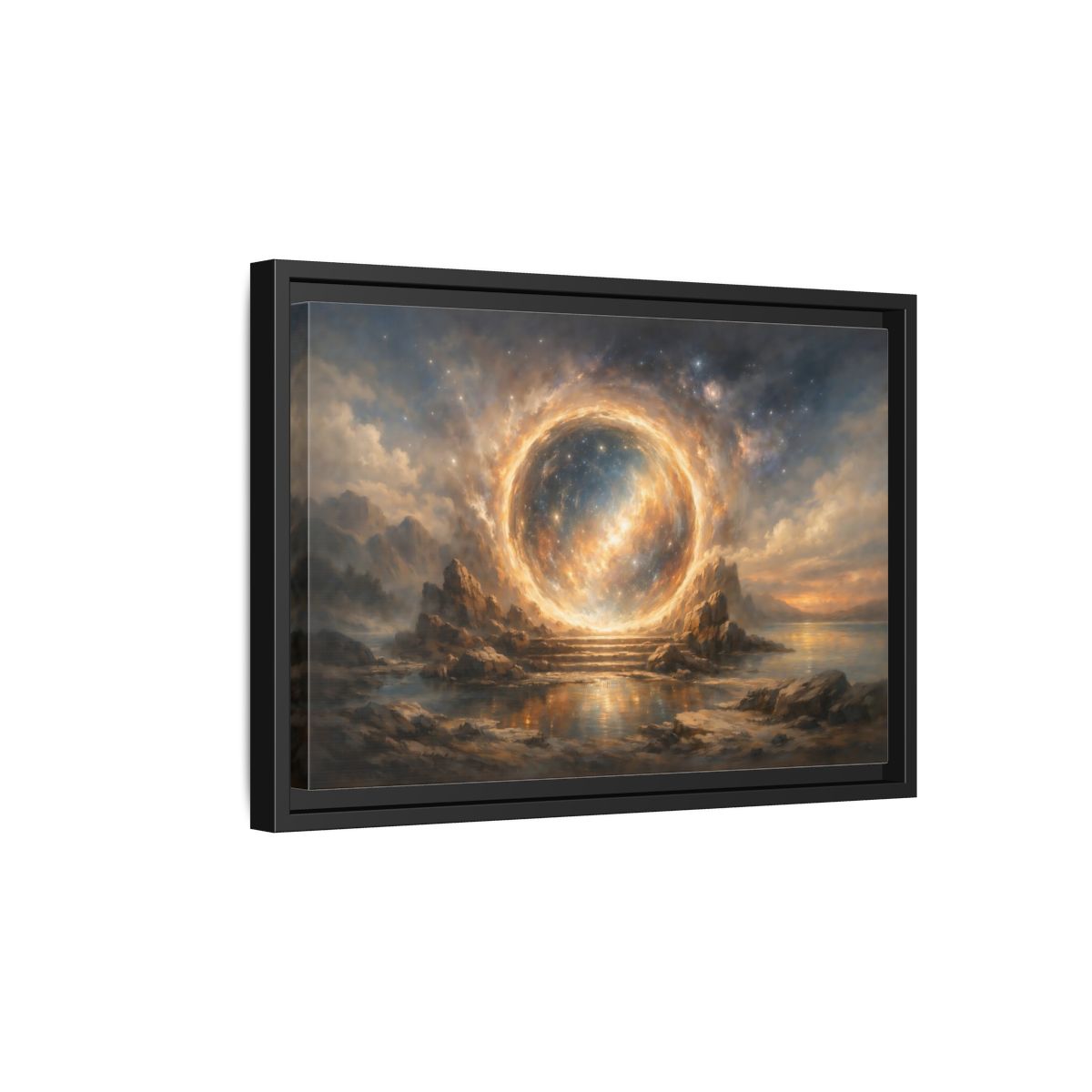 Side Mockup 6. Science Fiction Celestial Portal Orange Blue Portal shown as stretched canvas wall art