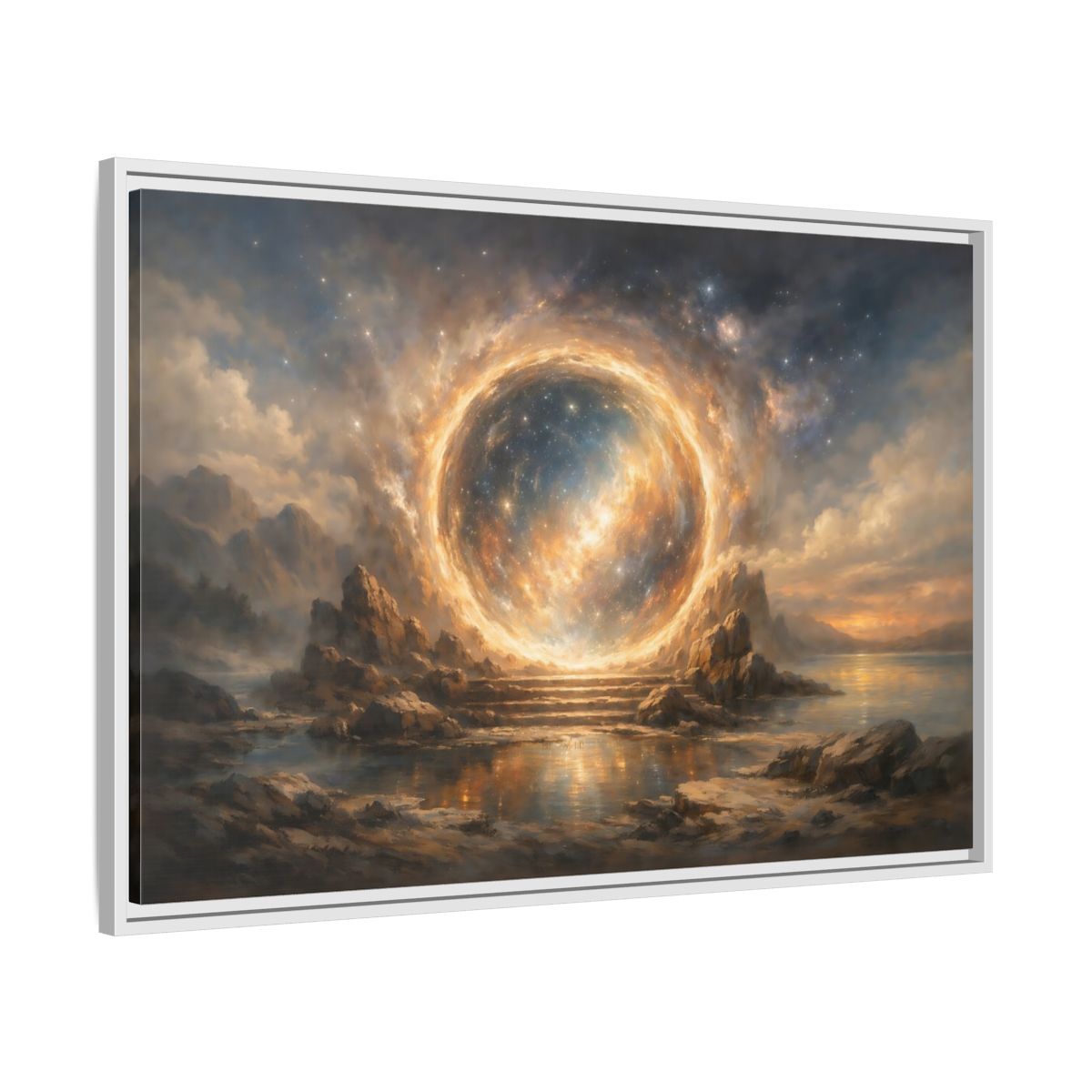 Side Mockup 8. Science Fiction Celestial Portal Orange Blue Portal shown as stretched canvas wall art