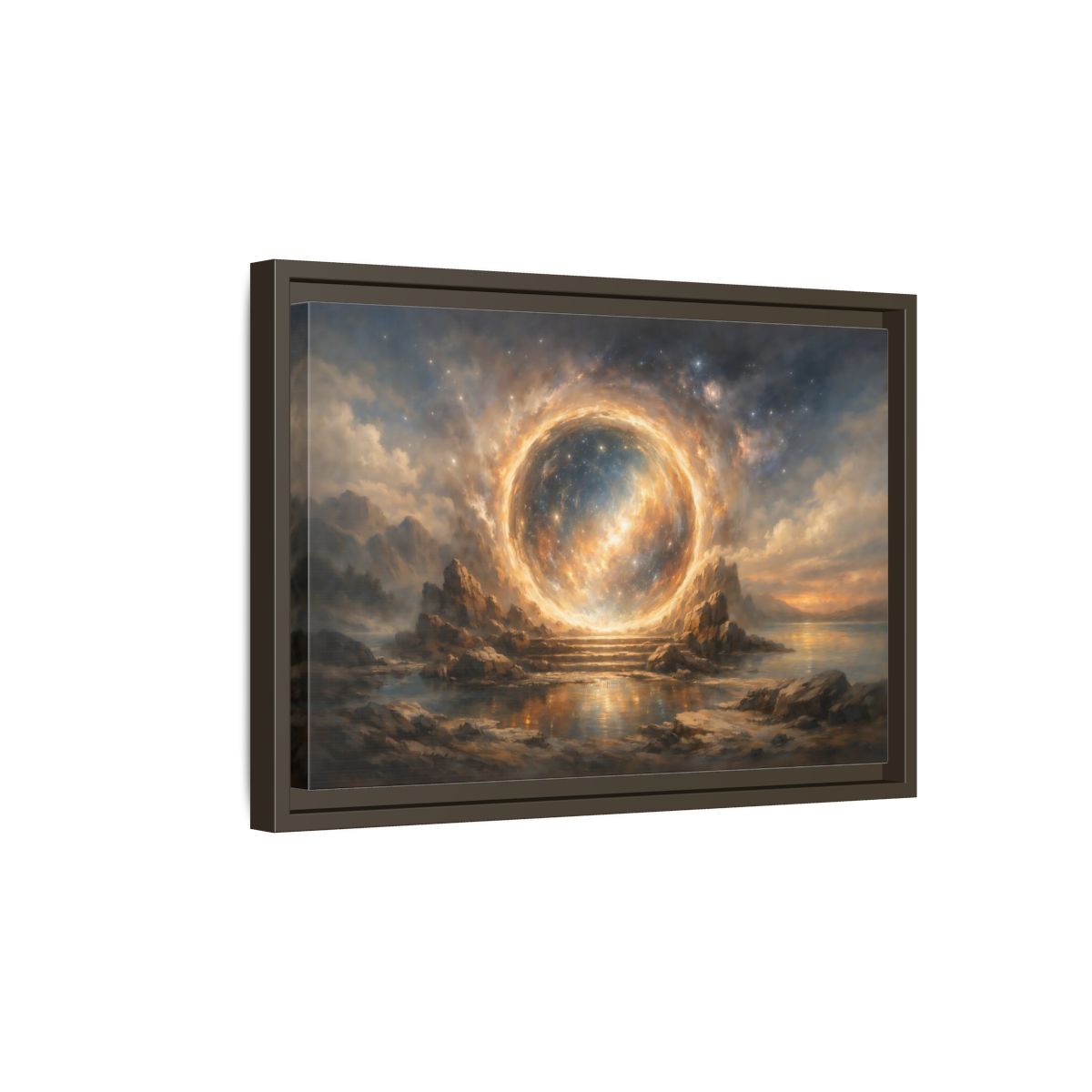 Side Mockup 5. Science Fiction Celestial Portal Orange Blue Portal shown as stretched canvas wall art