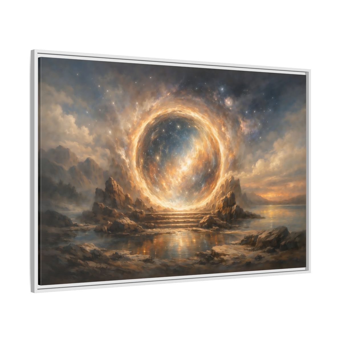 Side Mockup 7. Science Fiction Celestial Portal Orange Blue Portal shown as stretched canvas wall art