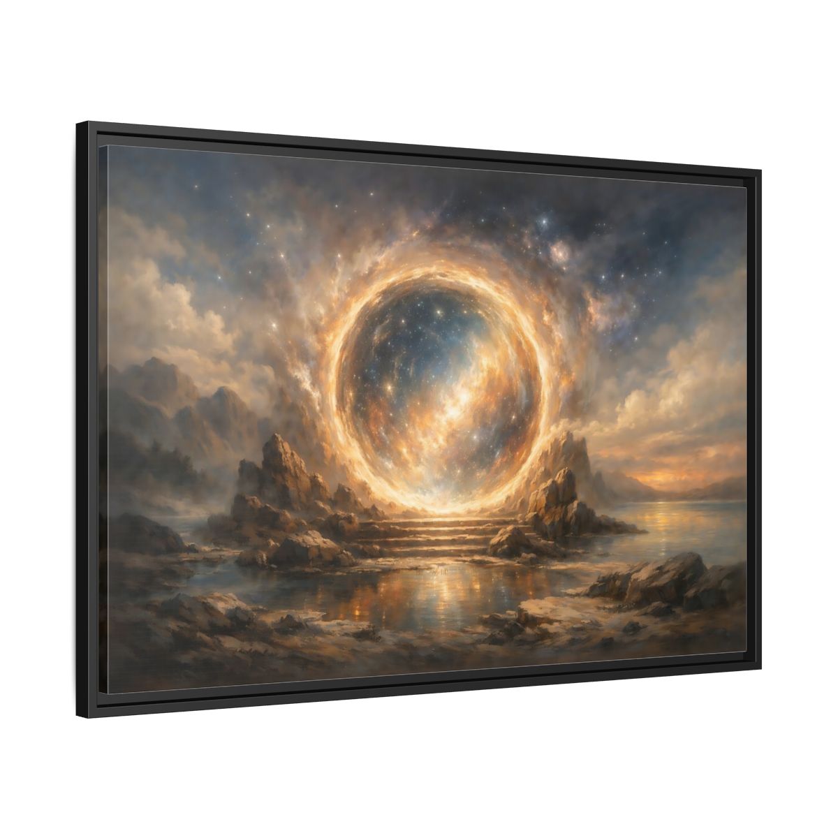 Side Mockup 13. Science Fiction Celestial Portal Orange Blue Portal shown as stretched canvas wall art