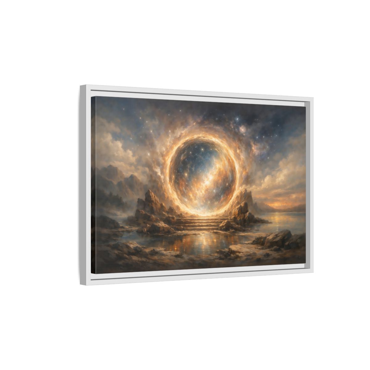 Side Mockup 1. Science Fiction Celestial Portal Orange Blue Portal shown as stretched canvas wall art