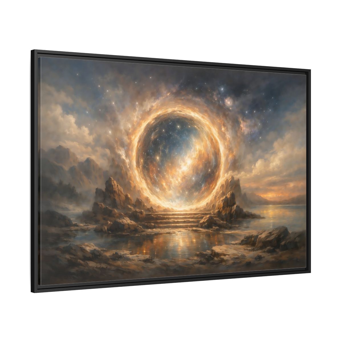 Side Mockup 12. Science Fiction Celestial Portal Orange Blue Portal shown as stretched canvas wall art