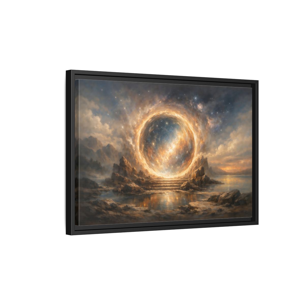 Side Mockup 3. Science Fiction Celestial Portal Orange Blue Portal shown as stretched canvas wall art