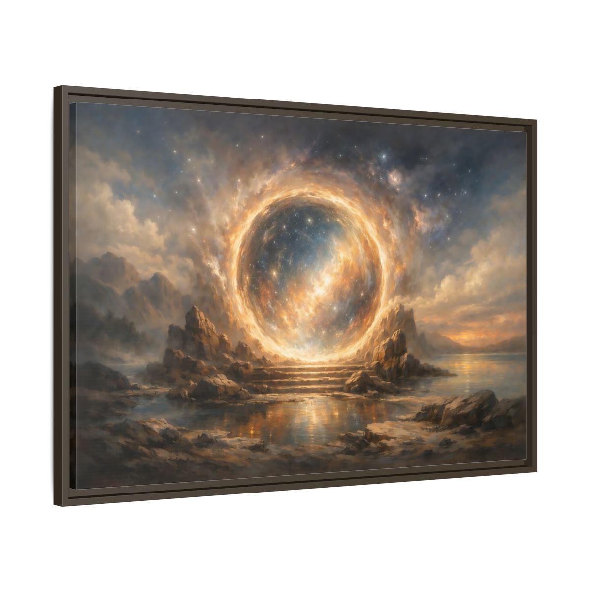 Side Mockup 9. Science Fiction Celestial Portal Orange Blue Portal shown as stretched canvas wall art