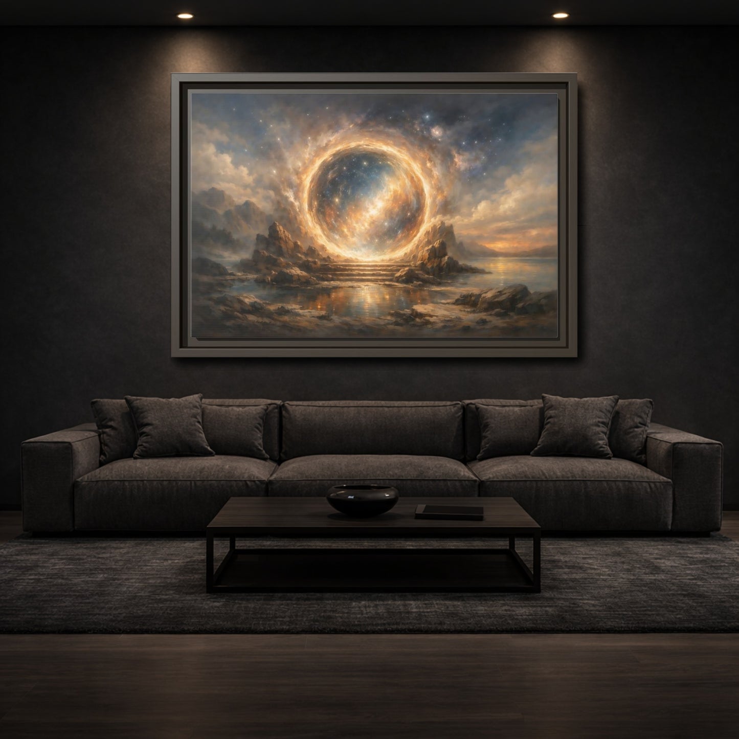 Mockup 2. Science Fiction Celestial Portal Orange Blue Portal shown as stretched canvas wall art