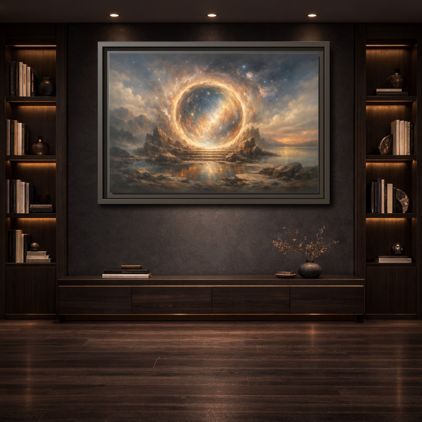 Mockup 3. Science Fiction Celestial Portal Orange Blue Portal shown as stretched canvas wall art