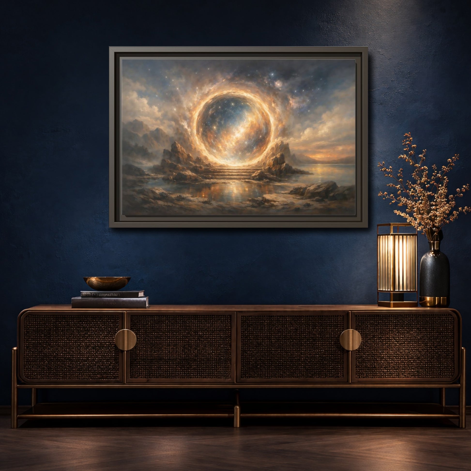 Mockup 4. Science Fiction Celestial Portal Orange Blue Portal shown as stretched canvas wall art