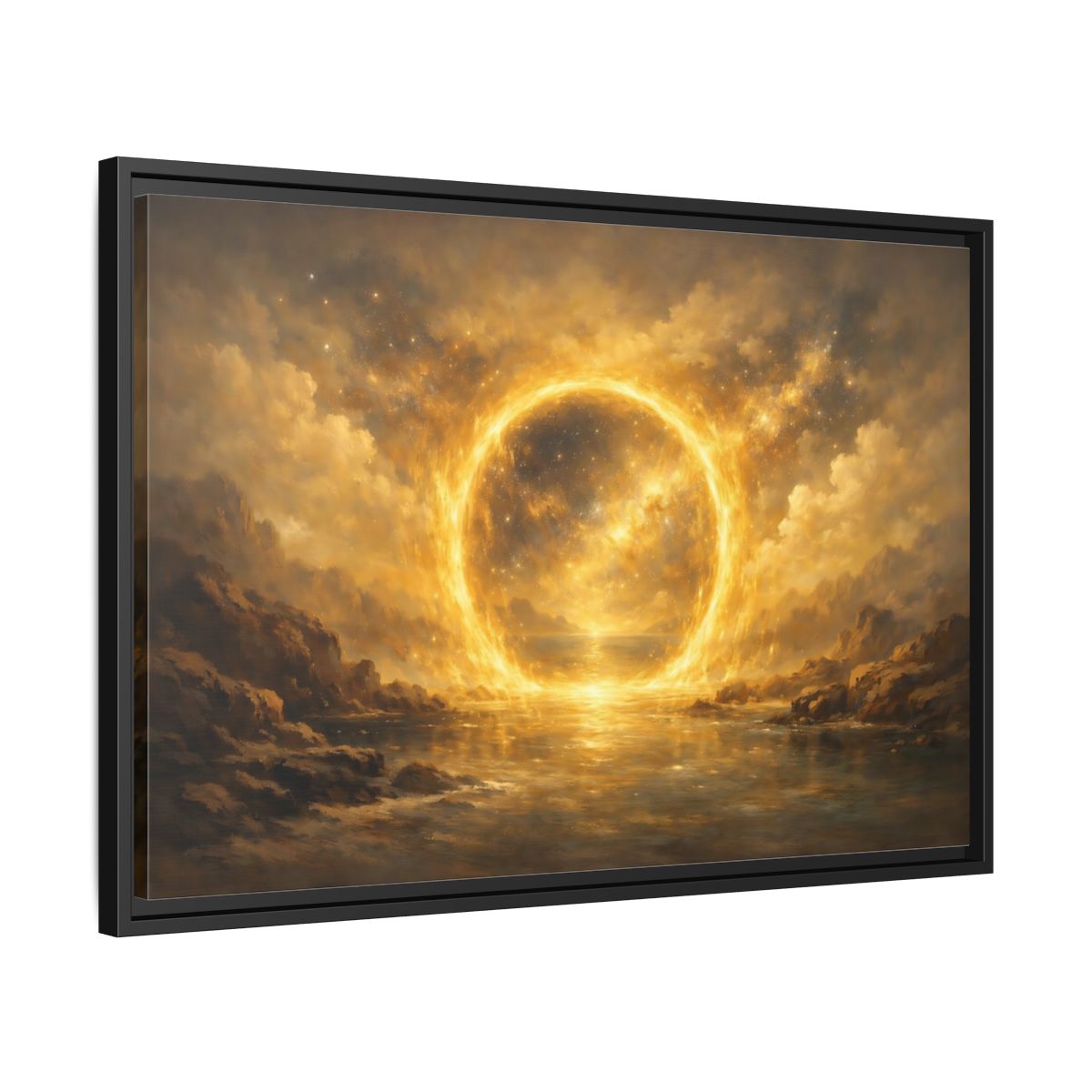 Side Mockup 14. Science Fiction Celestial Ring Golden Glow shown as stretched canvas wall art