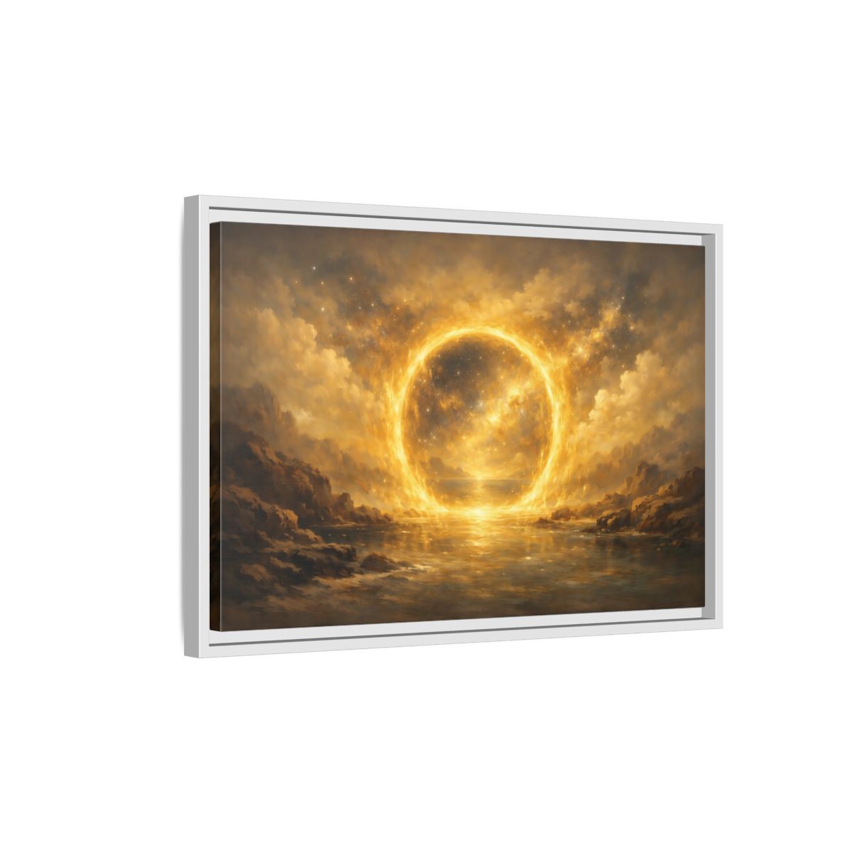 Side Mockup 1. Science Fiction Celestial Ring Golden Glow shown as stretched canvas wall art