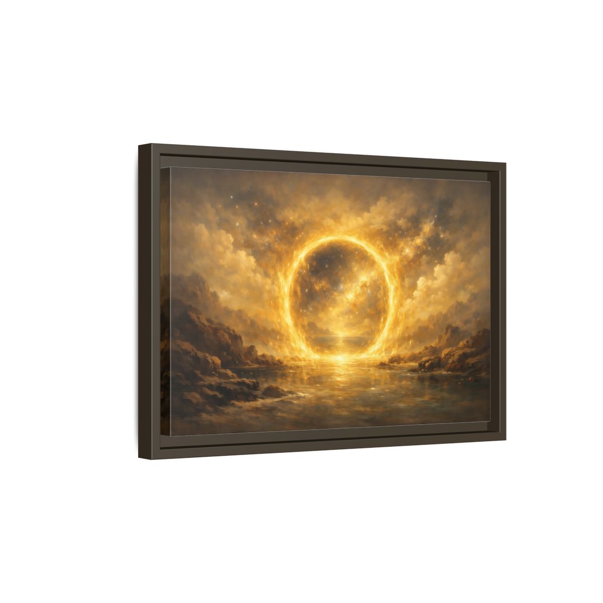 Side Mockup 5. Science Fiction Celestial Ring Golden Glow shown as stretched canvas wall art