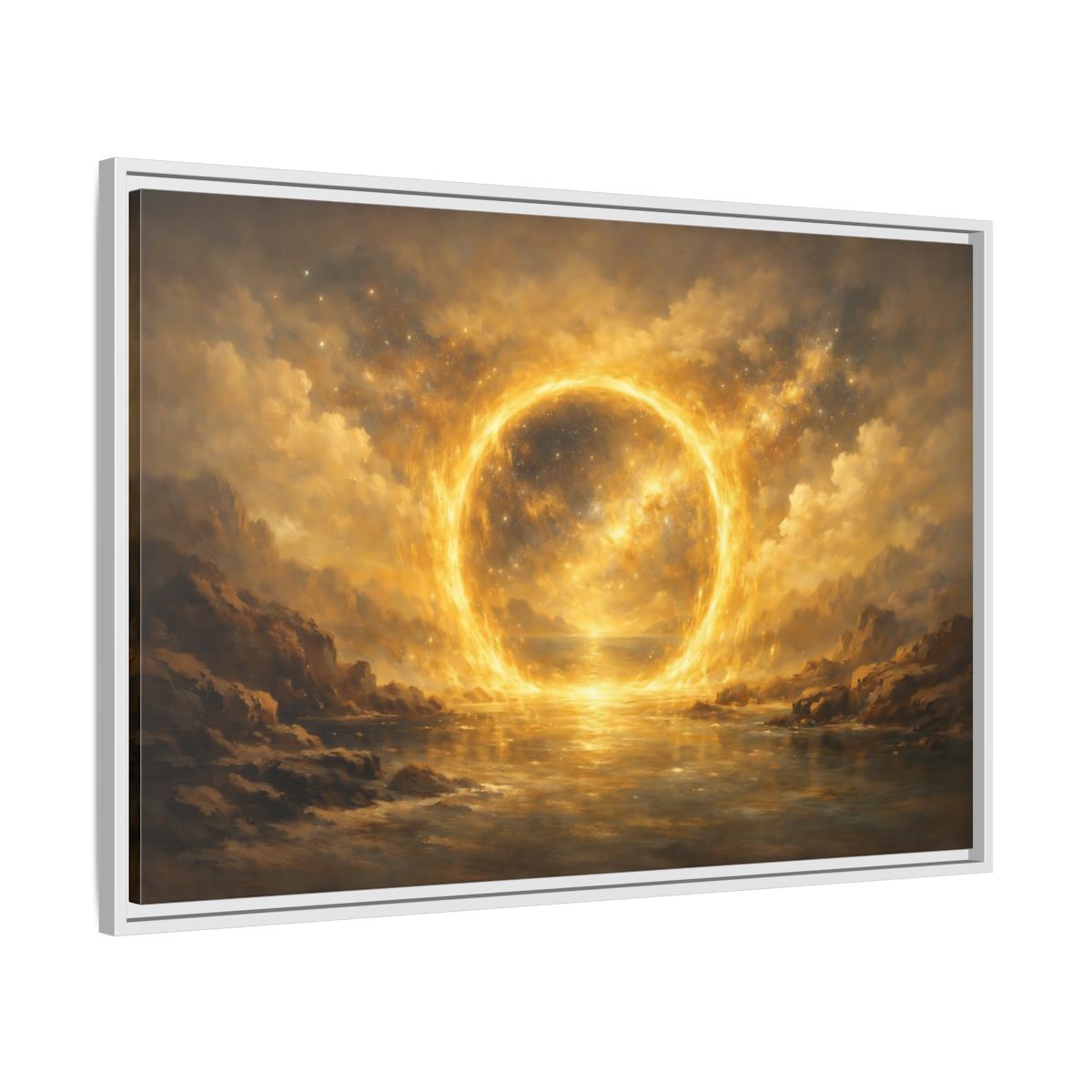 Side Mockup 8. Science Fiction Celestial Ring Golden Glow shown as stretched canvas wall art