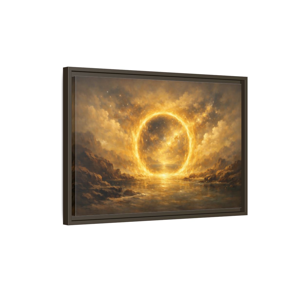 Side Mockup 2. Science Fiction Celestial Ring Golden Glow shown as stretched canvas wall art