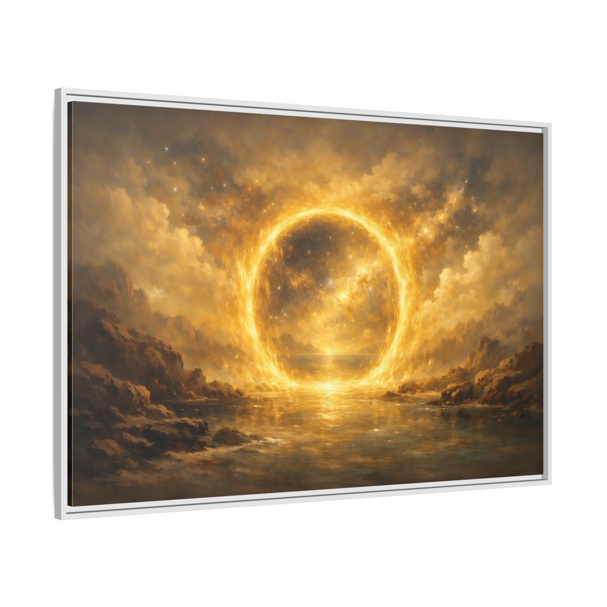 Side Mockup 7. Science Fiction Celestial Ring Golden Glow shown as stretched canvas wall art