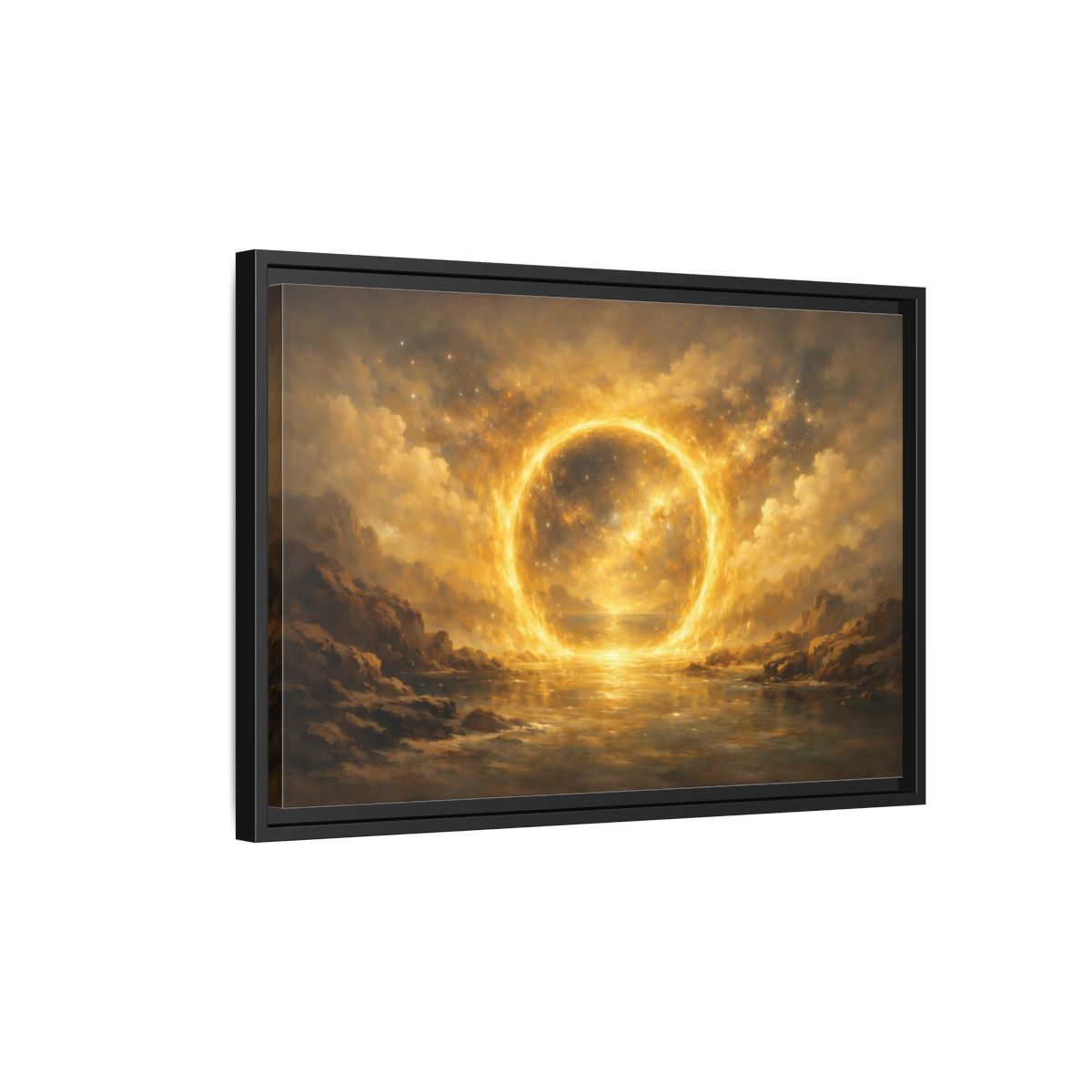 Side Mockup 3. Science Fiction Celestial Ring Golden Glow shown as stretched canvas wall art