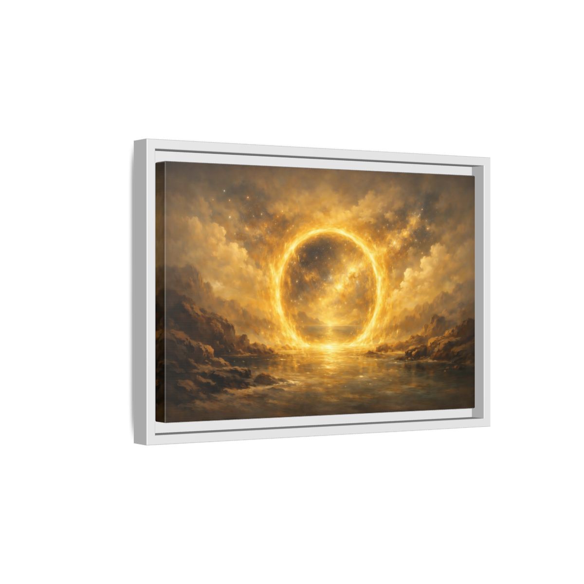 Side Mockup 4. Science Fiction Celestial Ring Golden Glow shown as stretched canvas wall art
