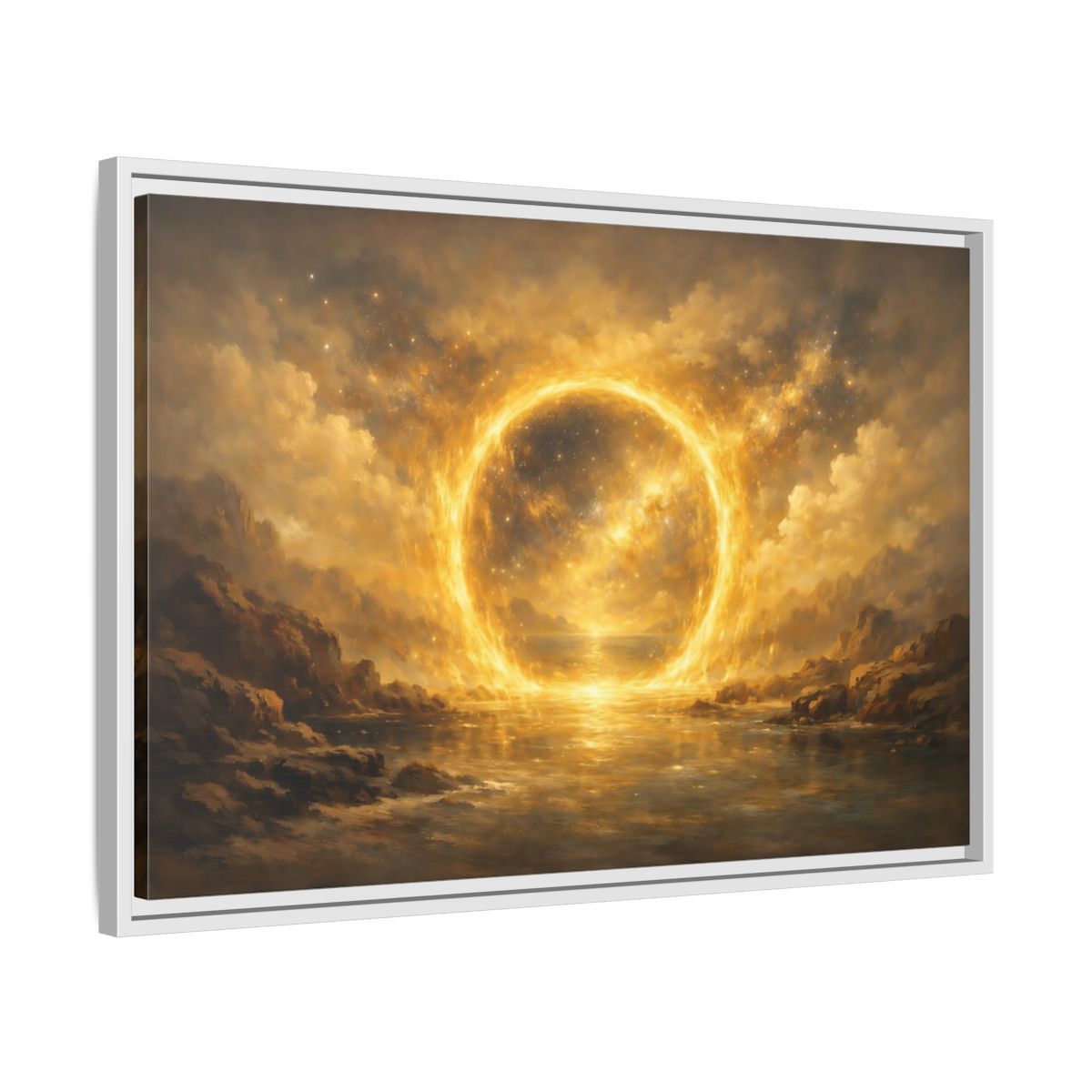 Side Mockup 10. Science Fiction Celestial Ring Golden Glow shown as stretched canvas wall art