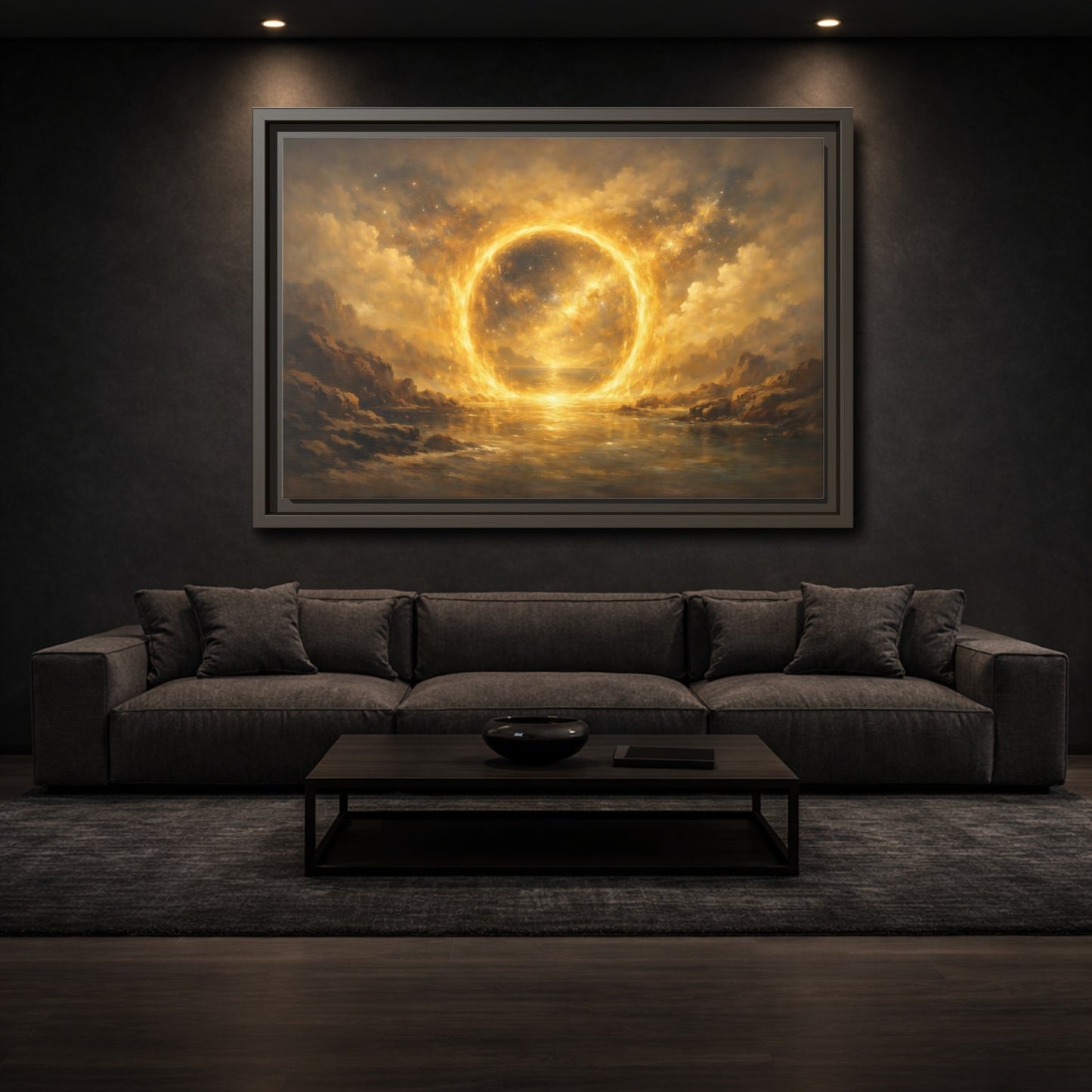 Mockup 2. Science Fiction Celestial Ring Golden Glow shown as stretched canvas wall art