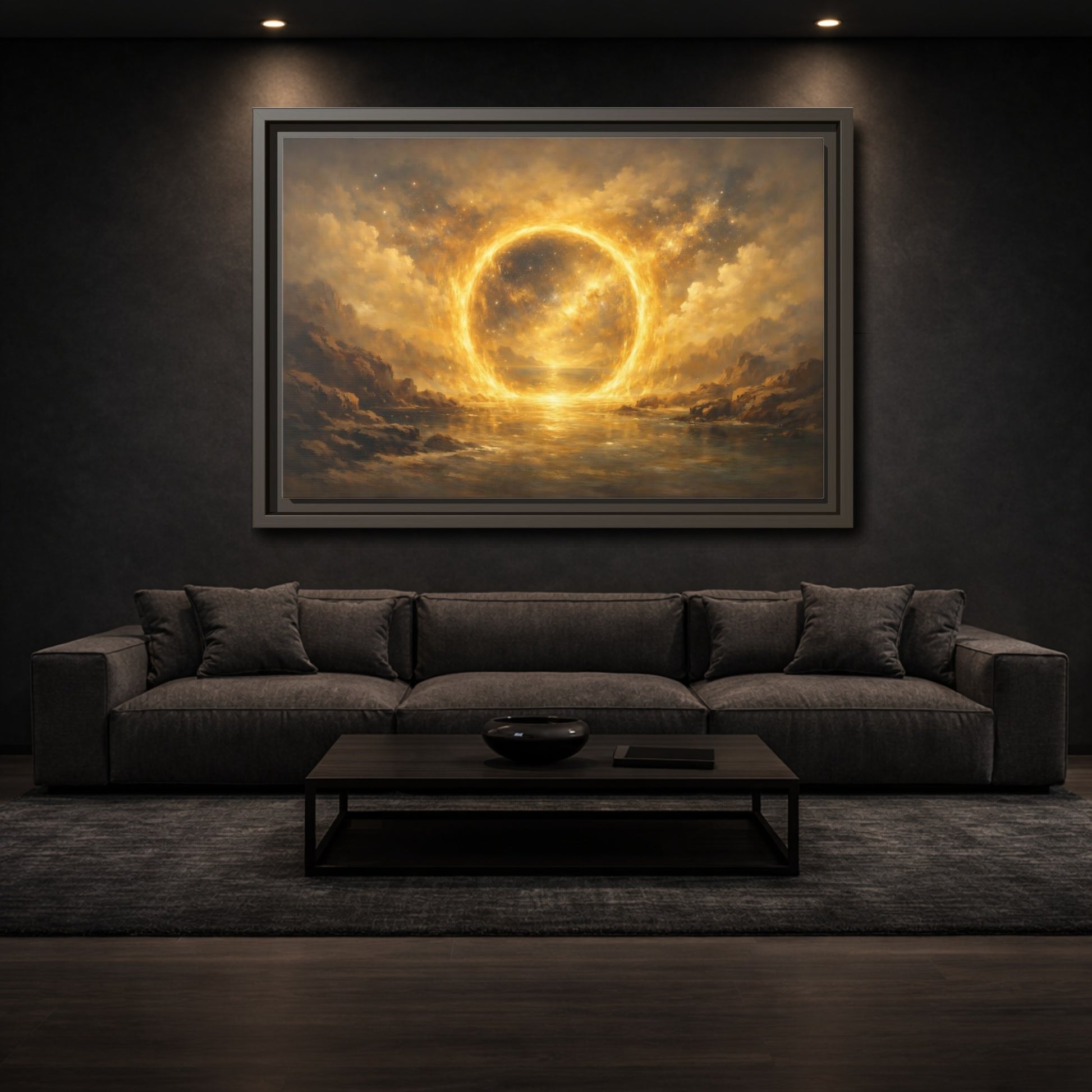 Mockup 2. Science Fiction Celestial Ring Golden Glow shown as stretched canvas wall art