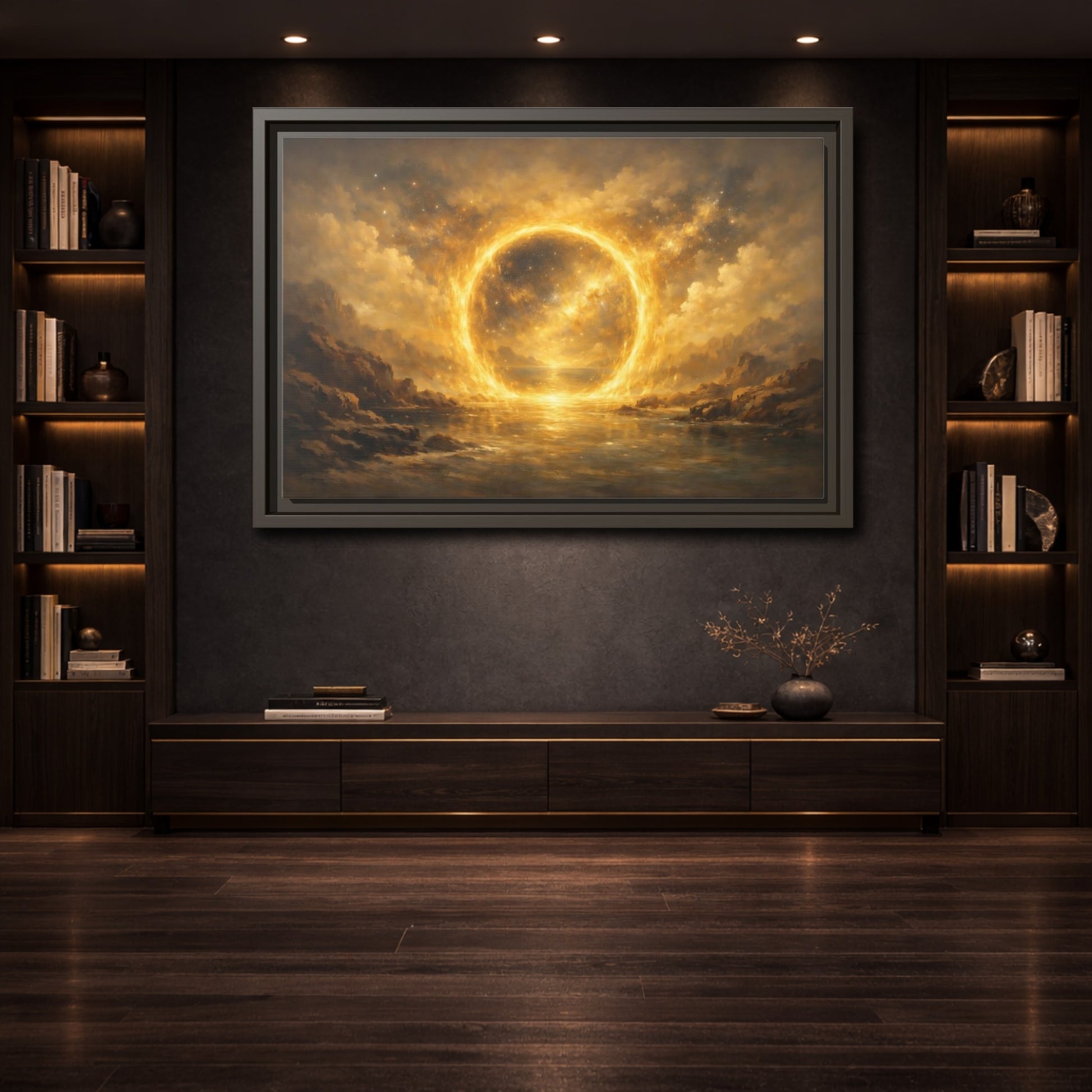 Mockup 3. Science Fiction Celestial Ring Golden Glow shown as stretched canvas wall art