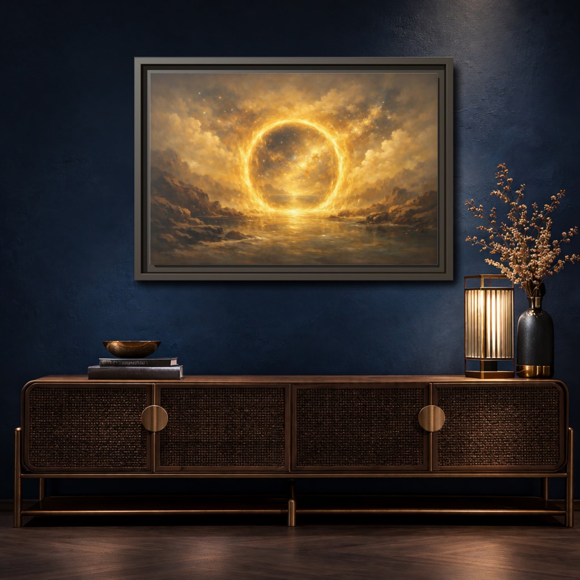 Mockup 4. Science Fiction Celestial Ring Golden Glow shown as stretched canvas wall art