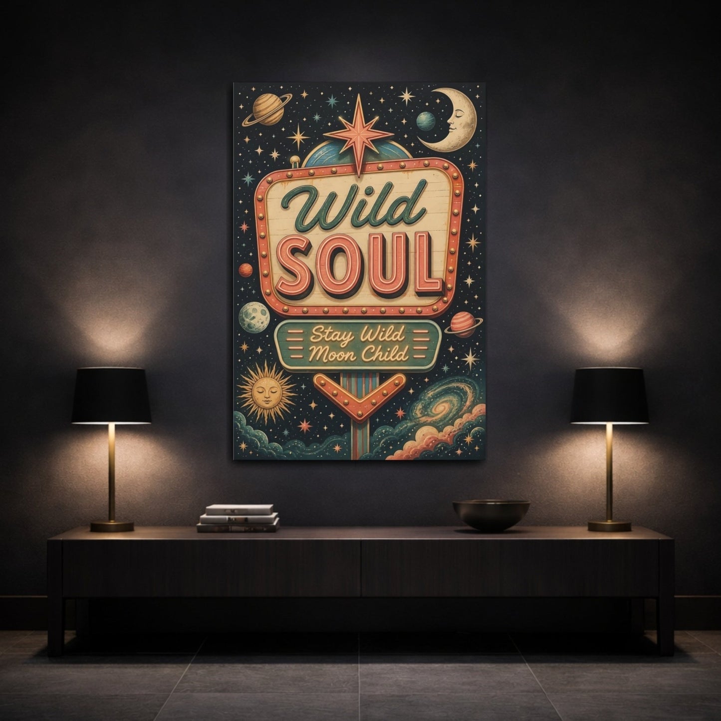 Science Fiction Celestial Sign Dark Blue Canvas Print – Bedroom, Feature Wall, Multi - color - YesArtYes