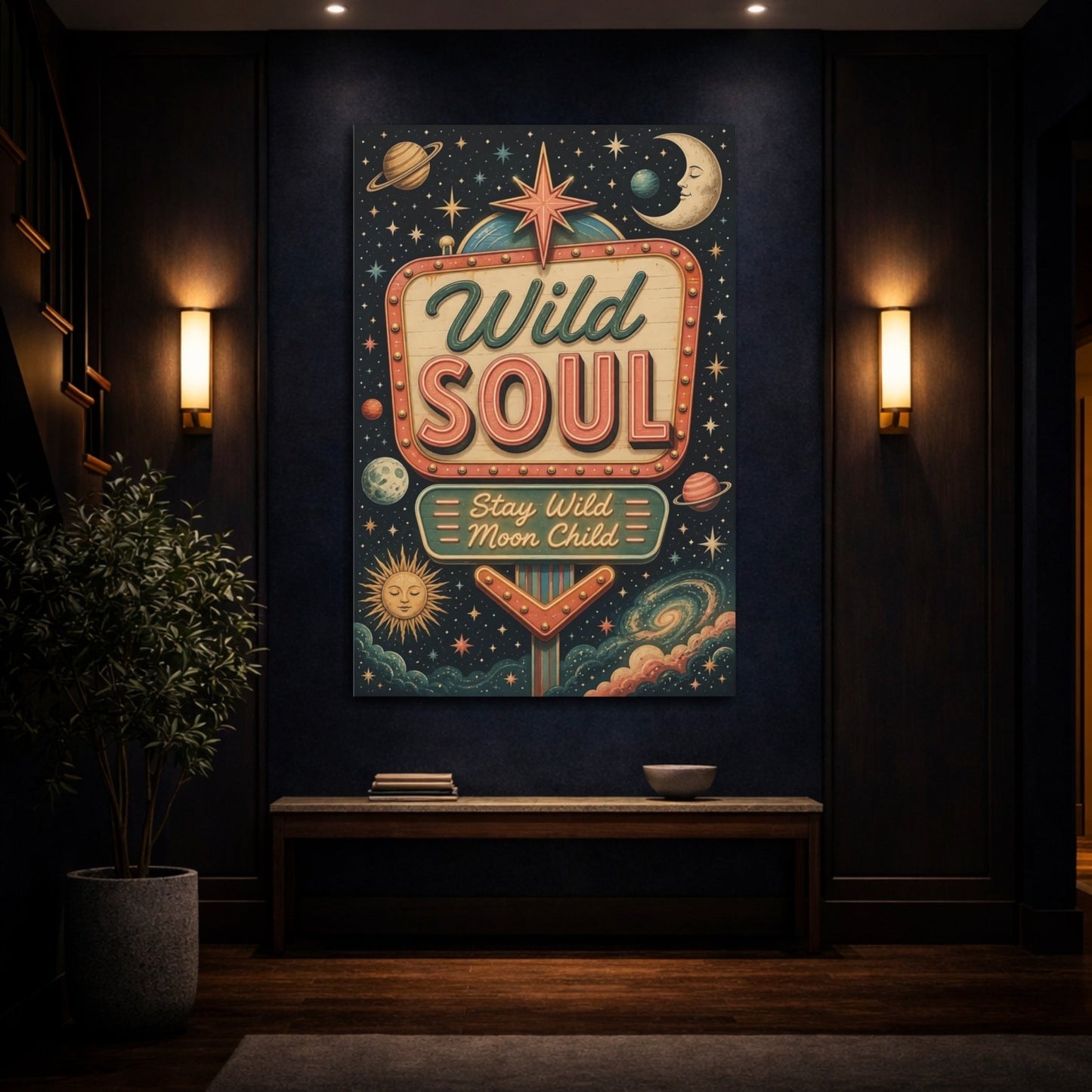 Science Fiction Celestial Sign Dark Blue Canvas Print – Bedroom, Feature Wall, Multi - color - YesArtYes