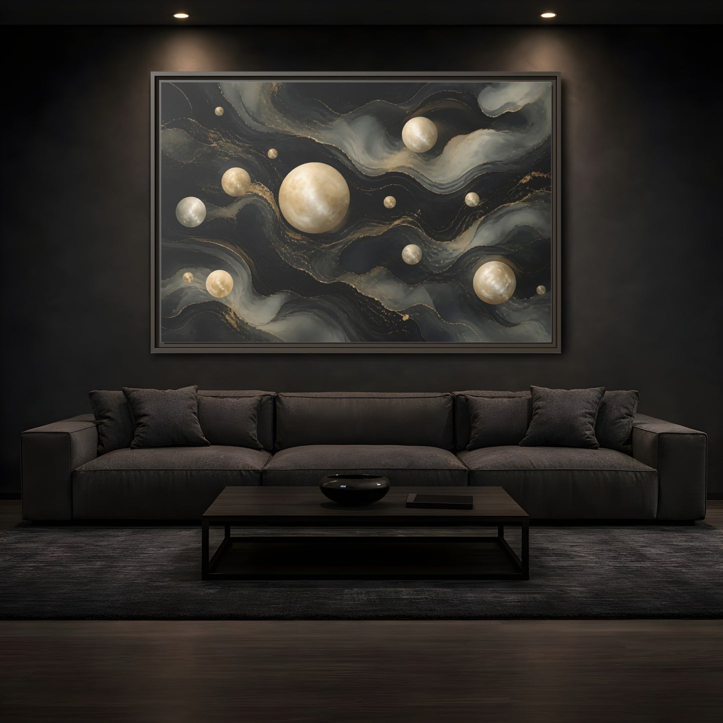 Mockup 3. Science Fiction Celestial Spheres Black Gold Cosmic shown as framed canvas print