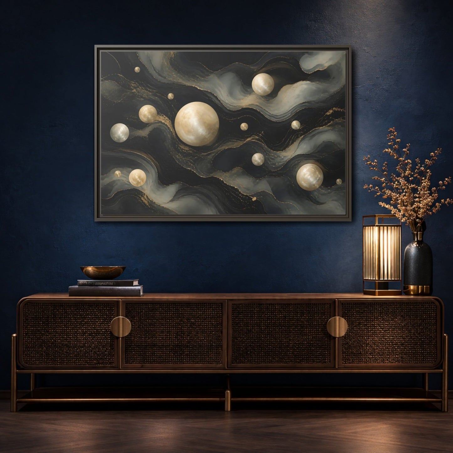 Science Fiction Celestial Spheres Black Gold Framed Canvas Print – Living Room, Above Couch - YesArtYes