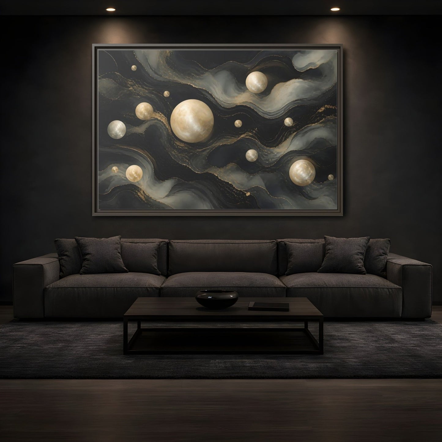 Science Fiction Celestial Spheres Black Gold Framed Canvas Print – Living Room, Above Couch - YesArtYes