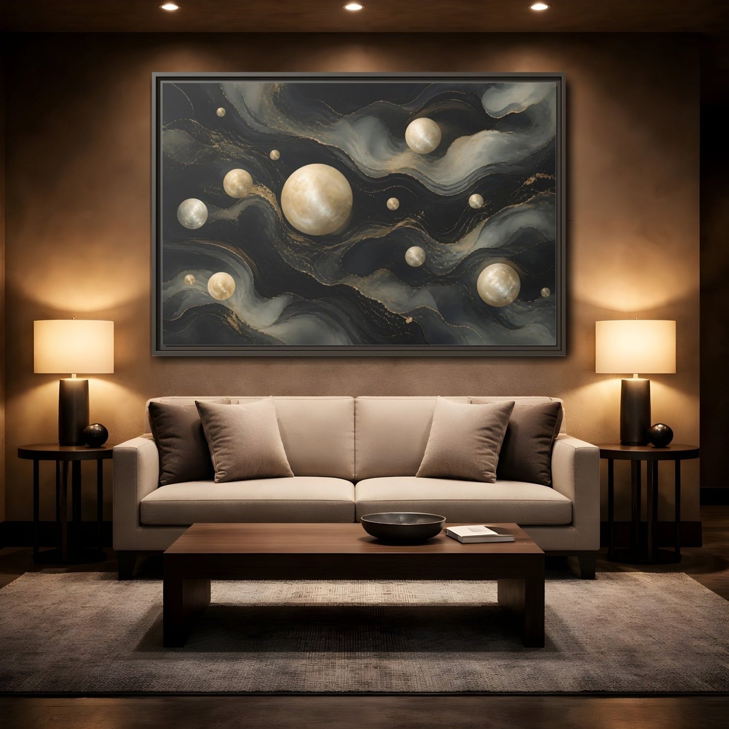Science Fiction Celestial Spheres Black Gold Framed Canvas Print – Living Room, Above Couch - YesArtYes