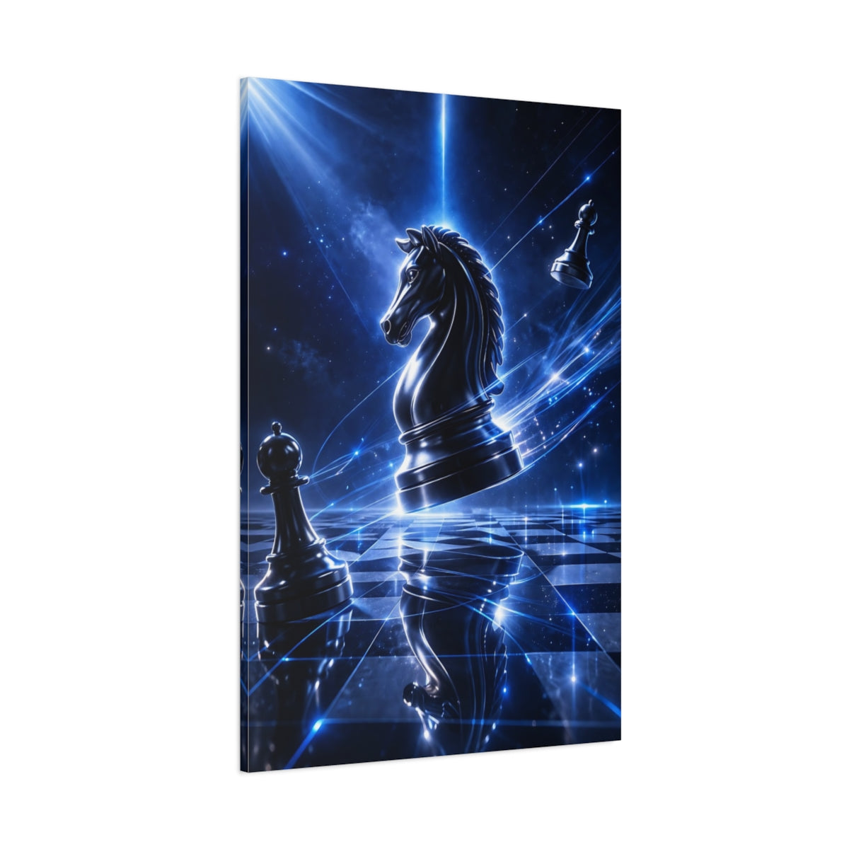 Main Mockup. Science Fiction Chess Knight Blue Sci-Fi Chess shown as stretched canvas wall art