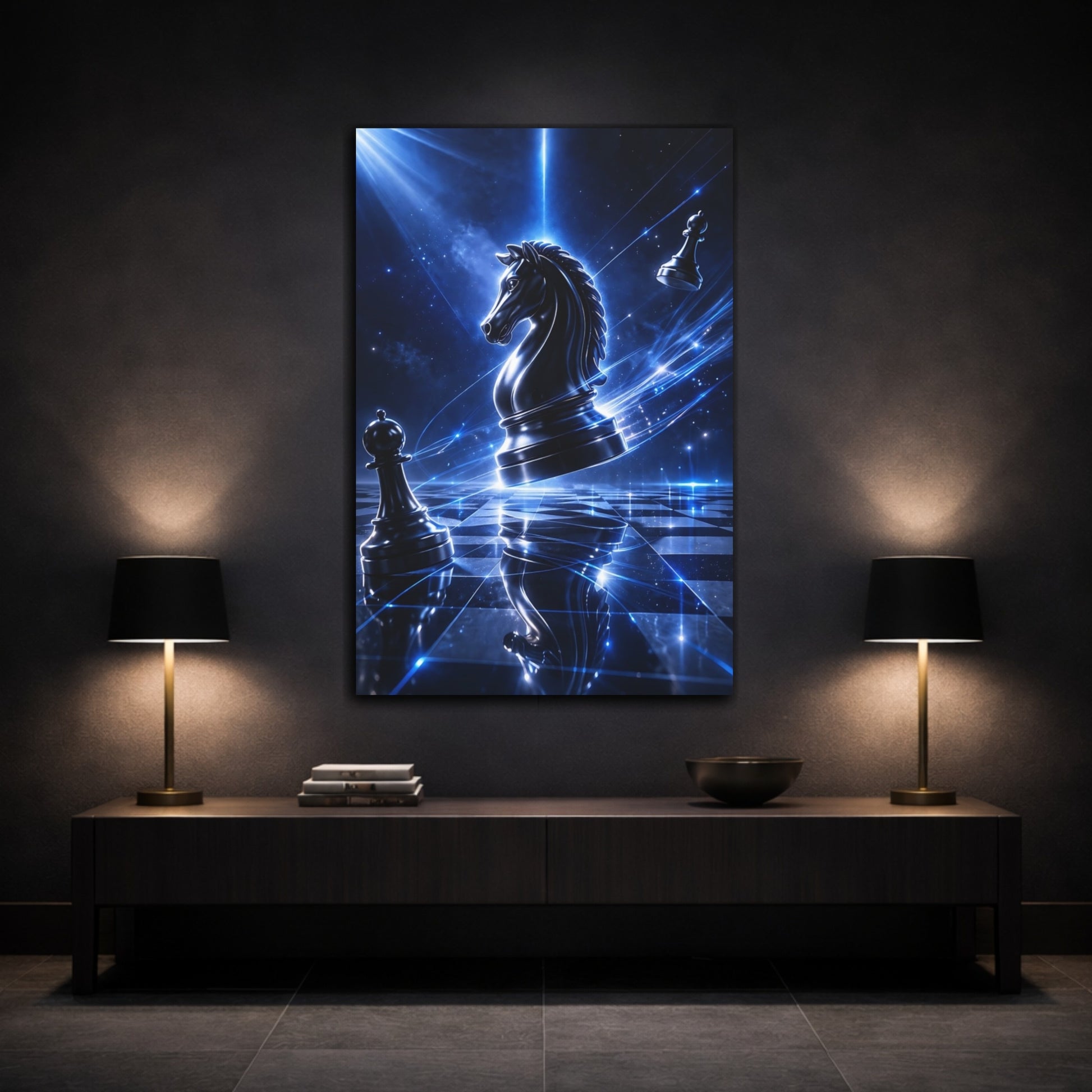 Mockup 2. Science Fiction Chess Knight Blue Sci-Fi Chess shown as stretched canvas wall art