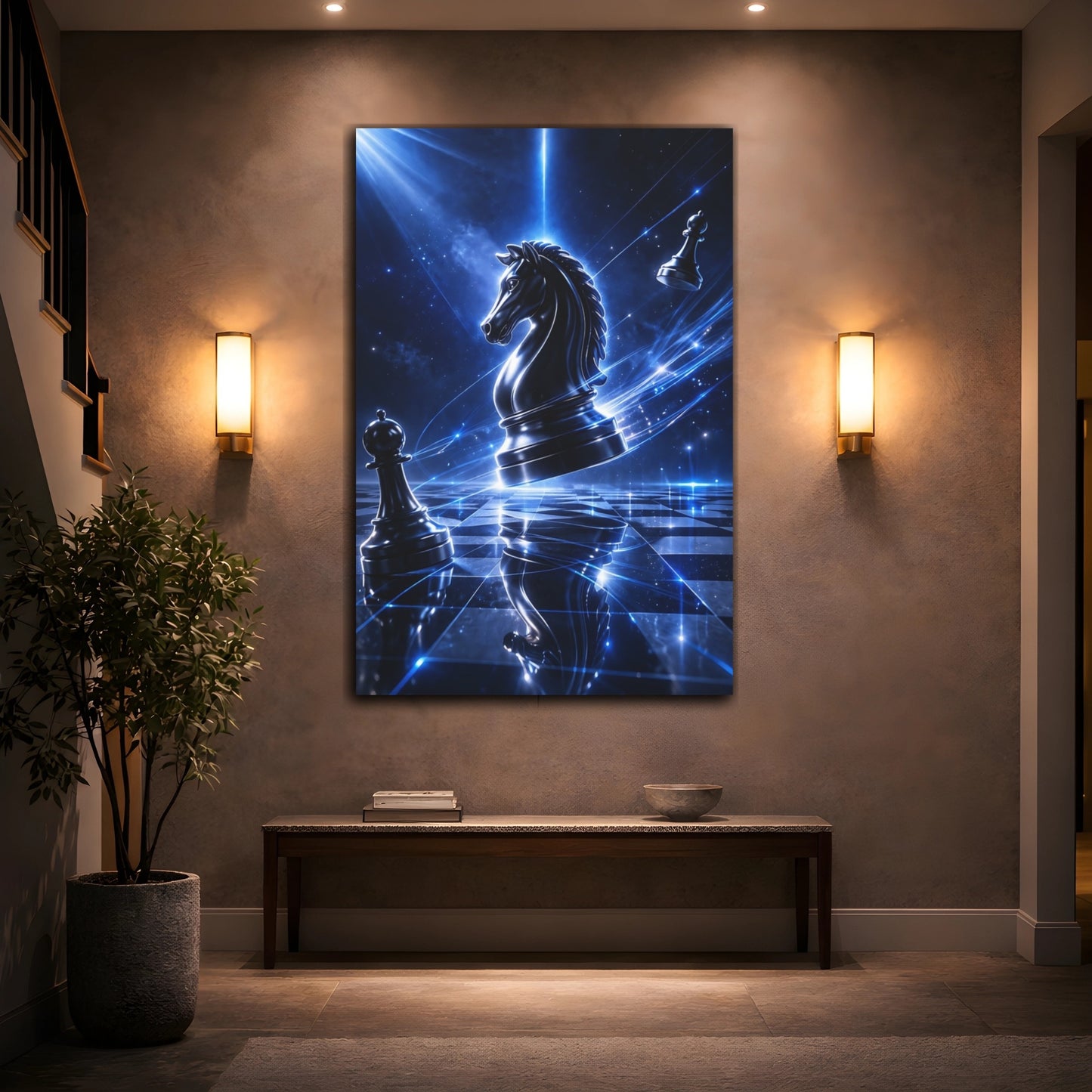 Mockup 3. Science Fiction Chess Knight Blue Sci-Fi Chess shown as stretched canvas wall art