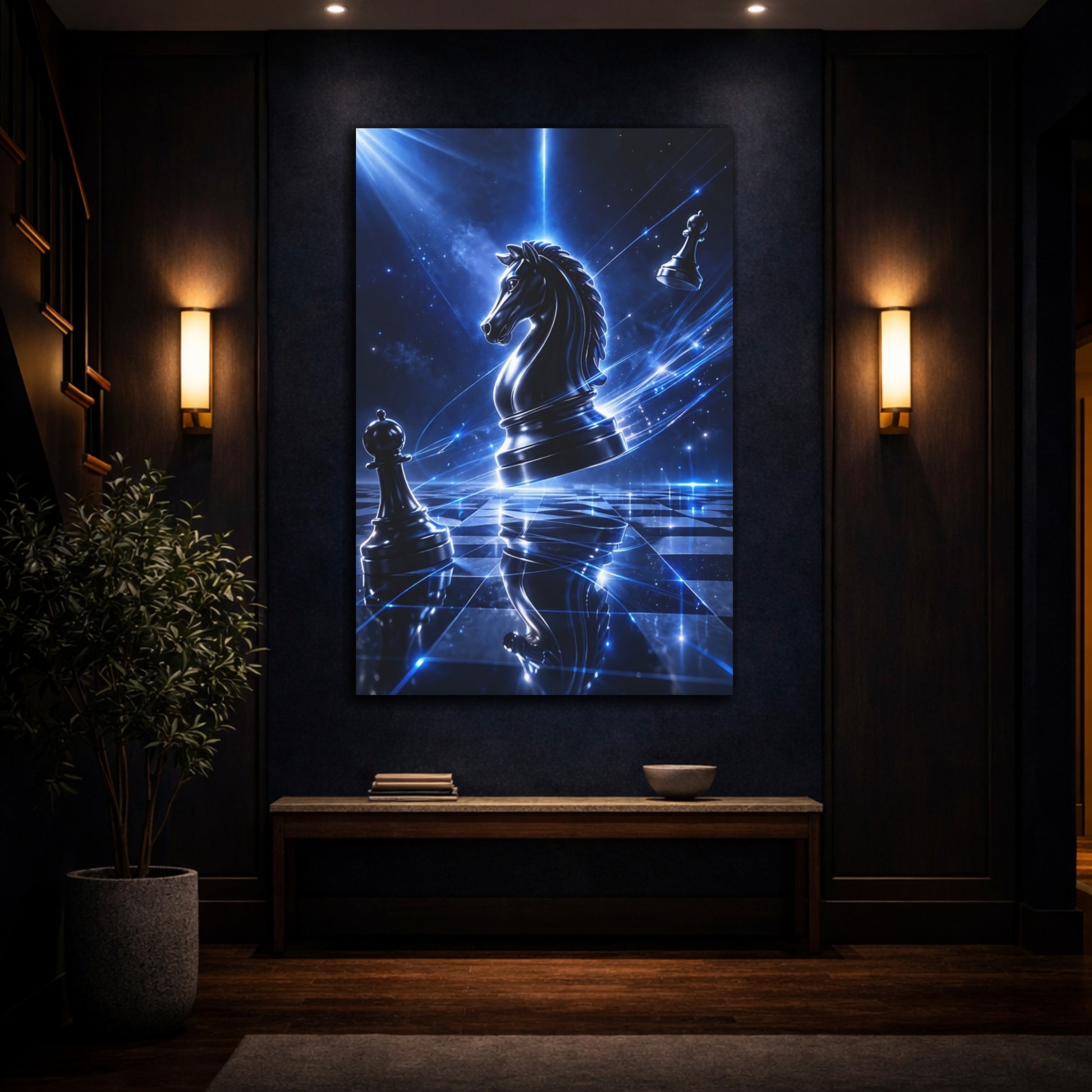 Mockup 4. Science Fiction Chess Knight Blue Sci-Fi Chess shown as stretched canvas wall art