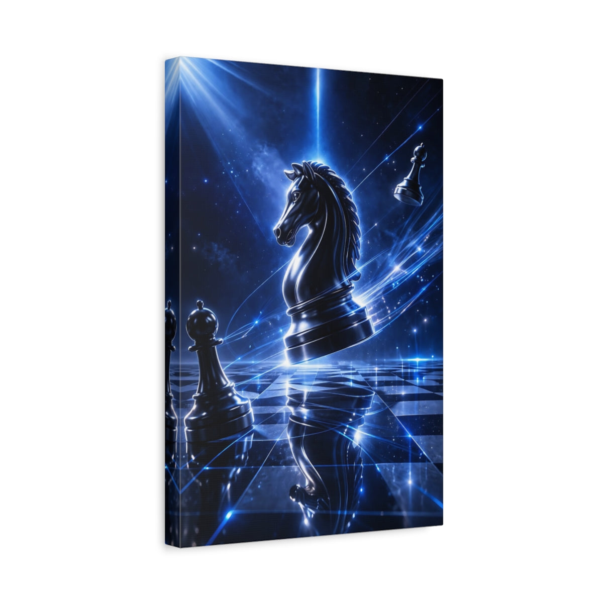 Side Mockup 4. Science Fiction Chess Knight Blue Sci-Fi Chess shown as stretched canvas wall art